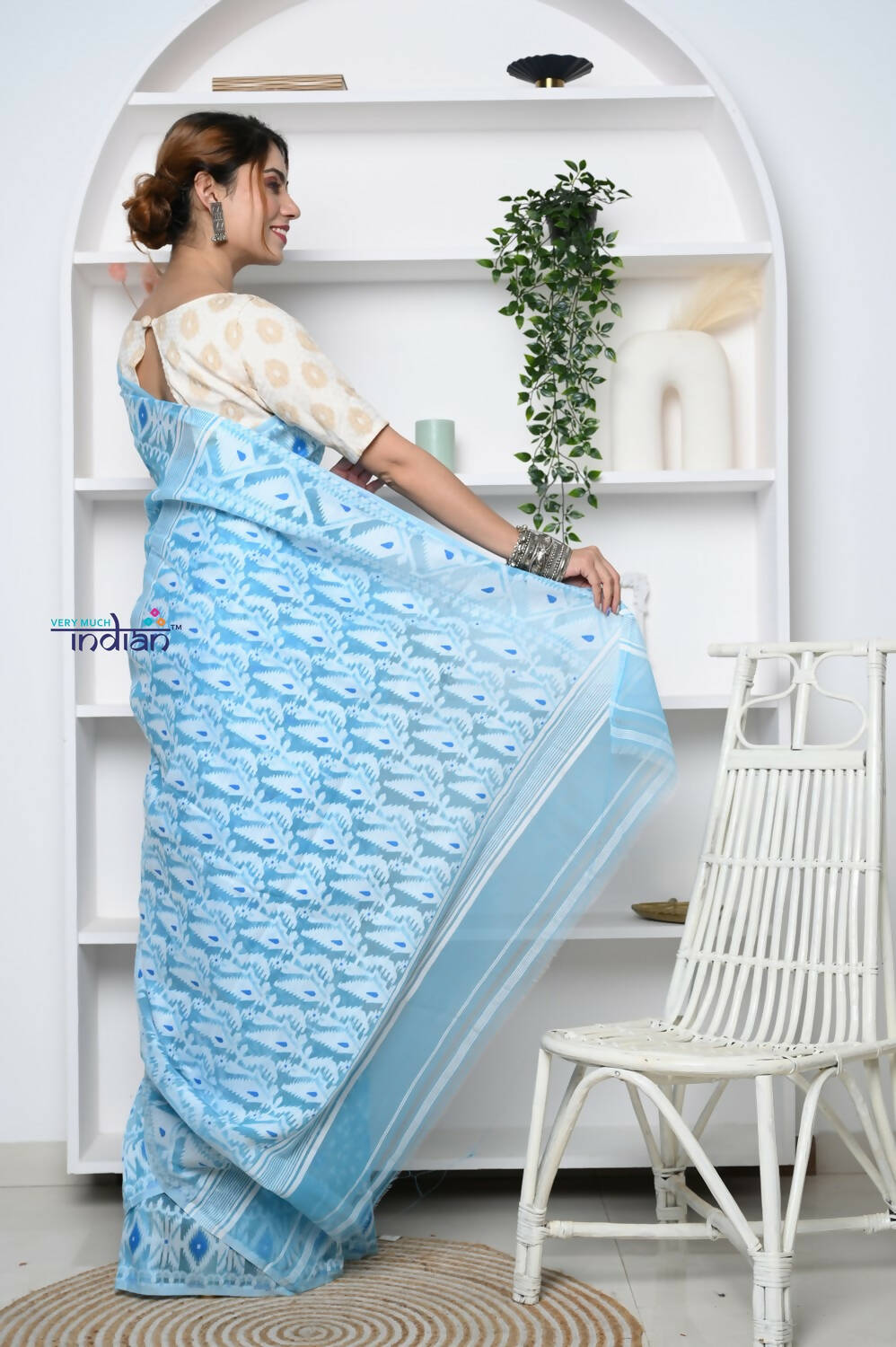 Very Much Indian Jamdhani Cotton Saree - Powder Blue