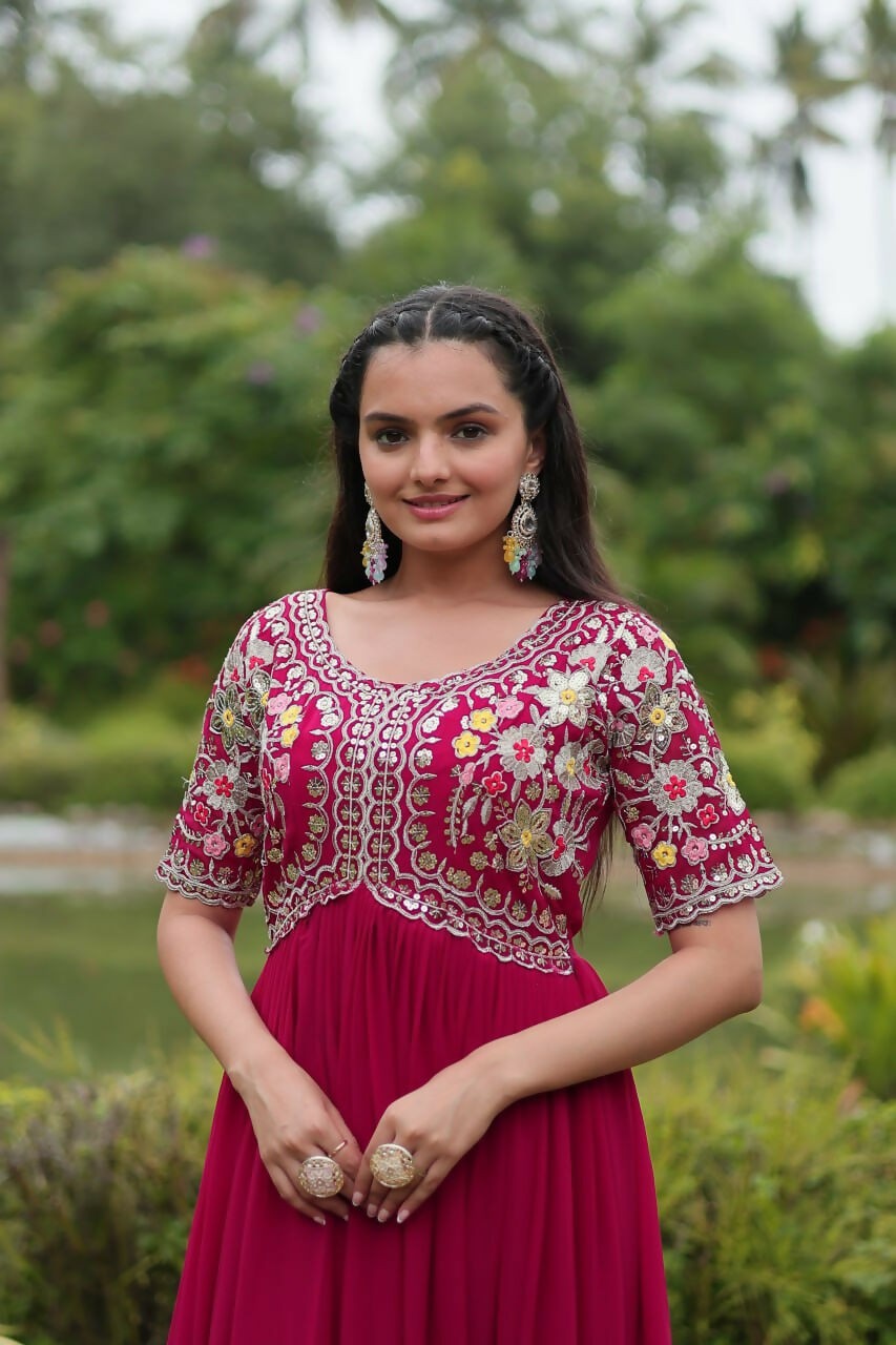 Vastranavya Faux Blooming with Embroidery Zari Sequins-work Gown - Pink