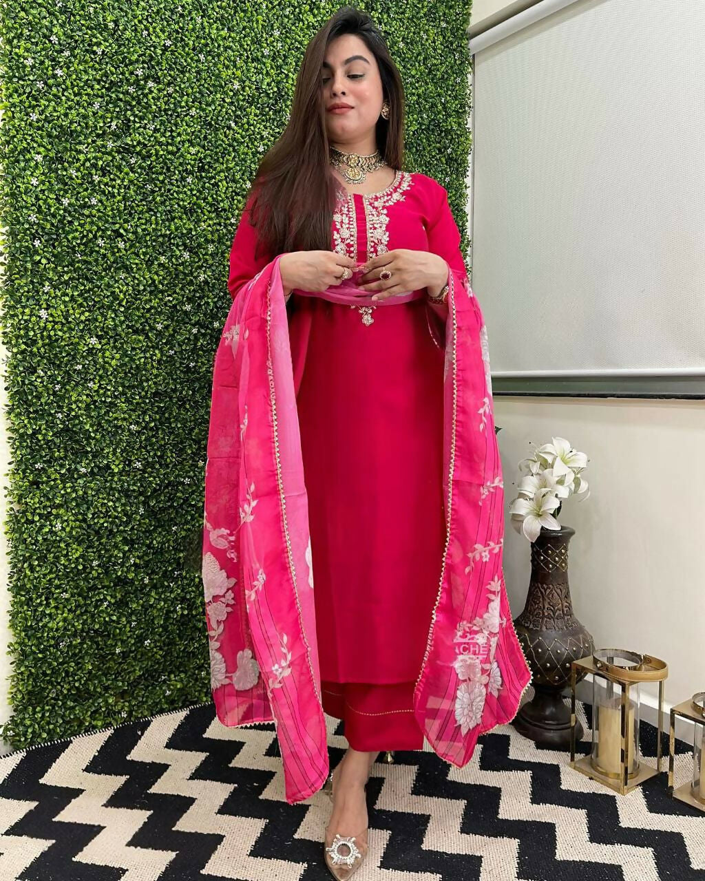 The52 Rani Women's Beautiful Viscose Chanderi Fabric Embroidered Work Straight Kurta Pant and Dupatta Set