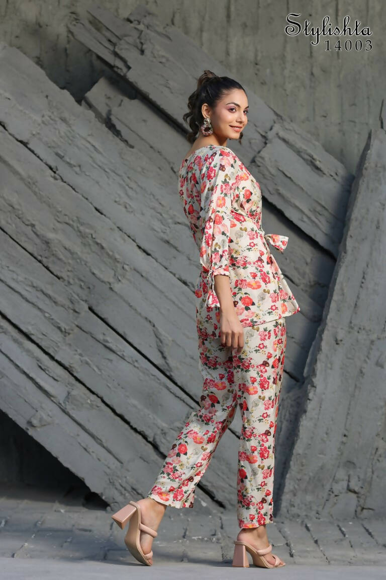 Women's Partywear Designer White & Multi Muslin co-ord set - Stylishta