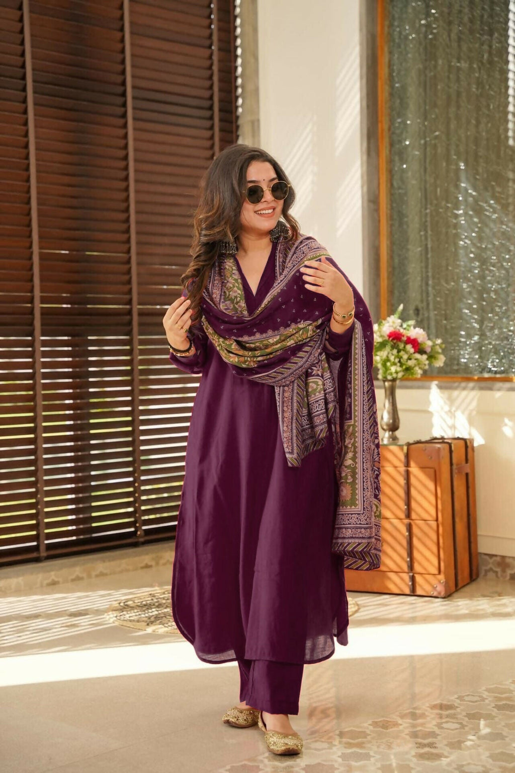 The52 Wine Women's Beautiful South Cotton Fabric Straight Kurta with Pant And Dupatta Set