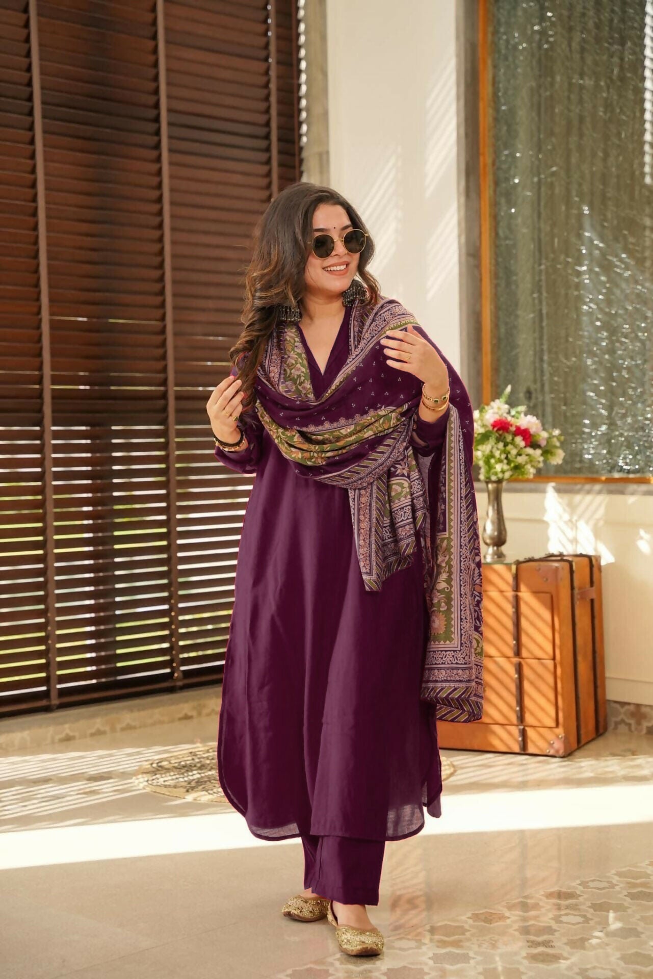 The52 Wine Women's Beautiful South Cotton Fabric Straight Kurta with Pant And Dupatta Set
