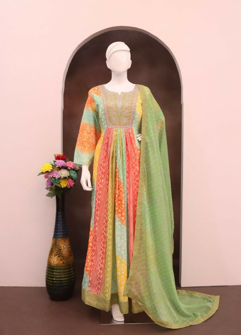 Vastranavya Turquoise Muslin Printed Sequins Beads Work Abaya Style Anarkali Suit