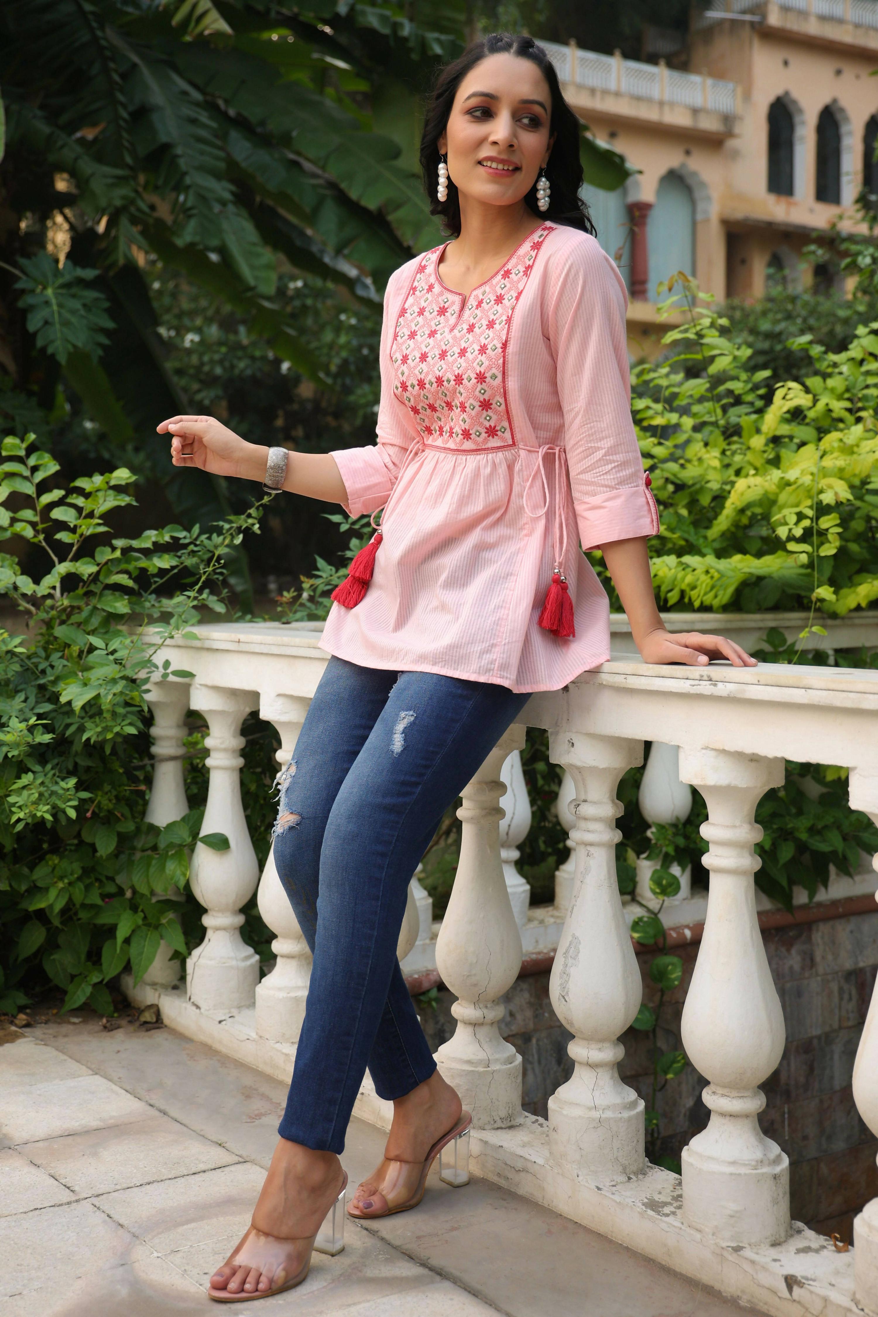 Juniper Women's Peach Cotton Dobby Solid Embroidered Straight Tunic