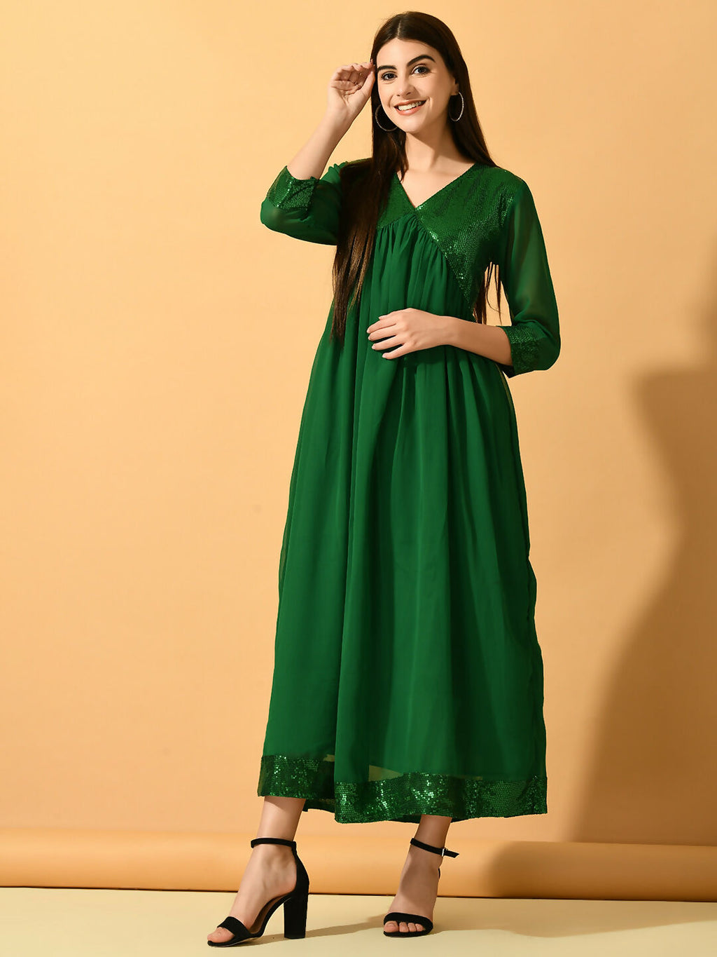 Myshka Women's Green Fit and Flare Party Dress