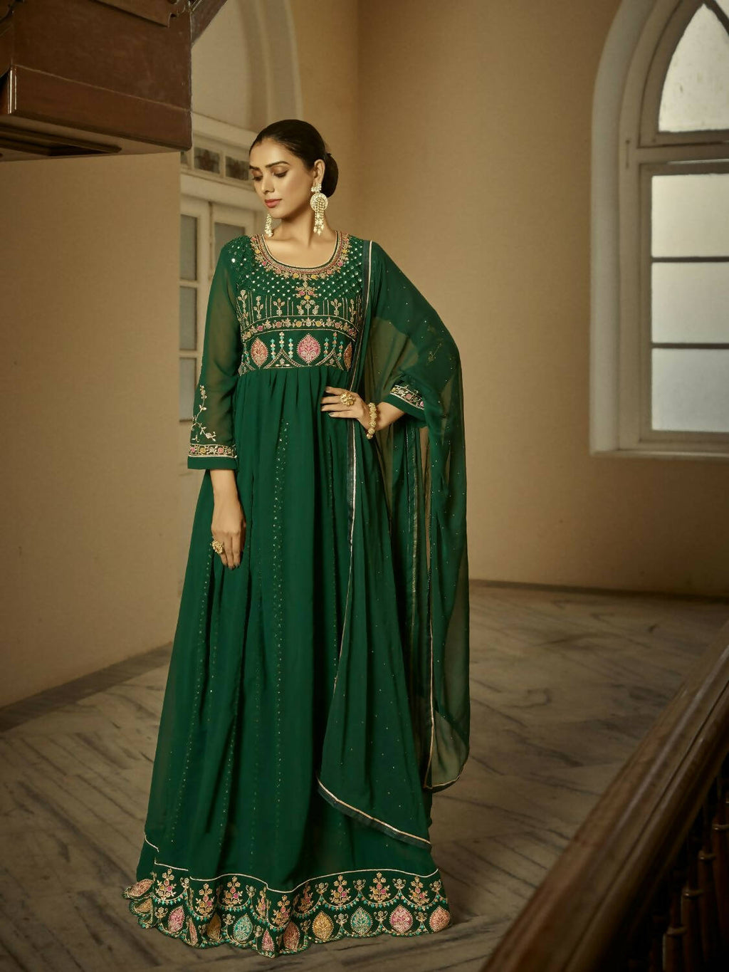 Green Heavy Faux Georgette Anarkali Embroidered Kurta Set - Dhvani