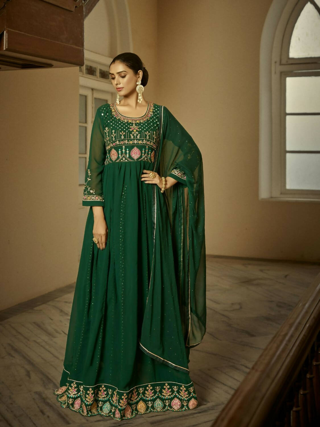 Green Heavy Faux Georgette Anarkali Embroidered Kurta Set - Dhvani
