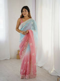 Rust Crunchy Silk Embroidery Work Party Wear Saree - Lakshita