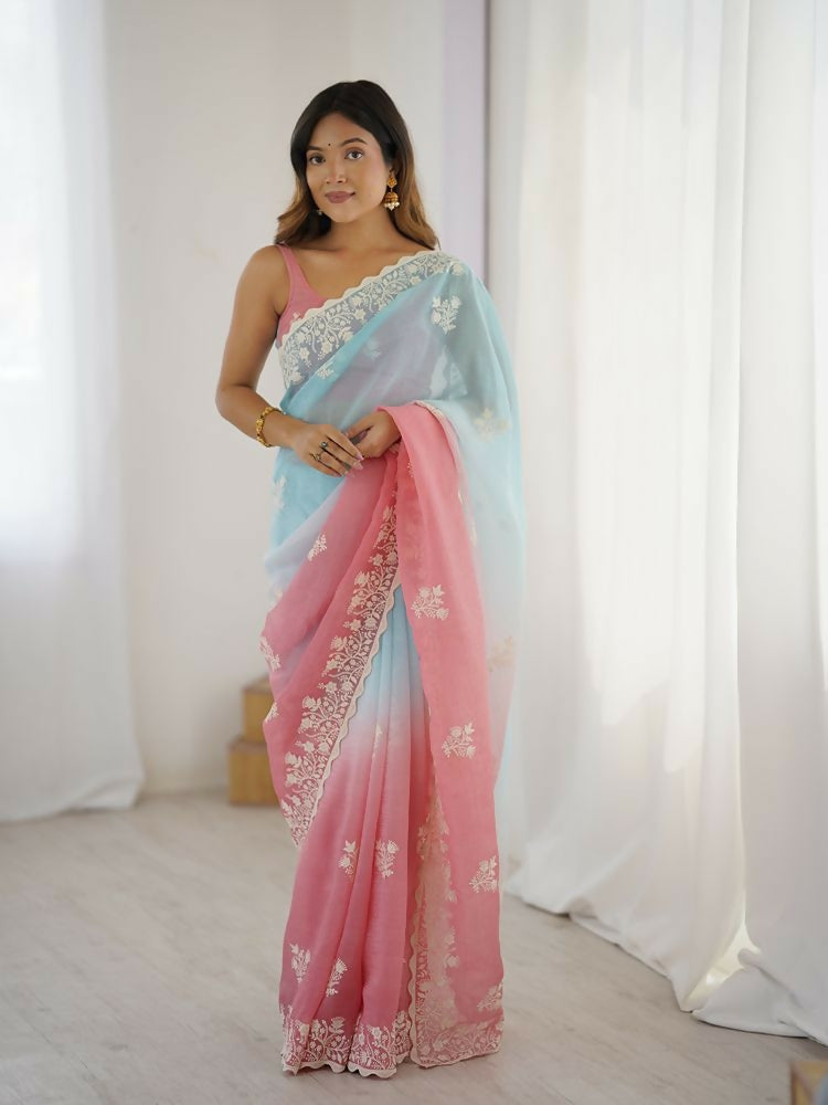 Rust Crunchy Silk Embroidery Work Party Wear Saree - Lakshita
