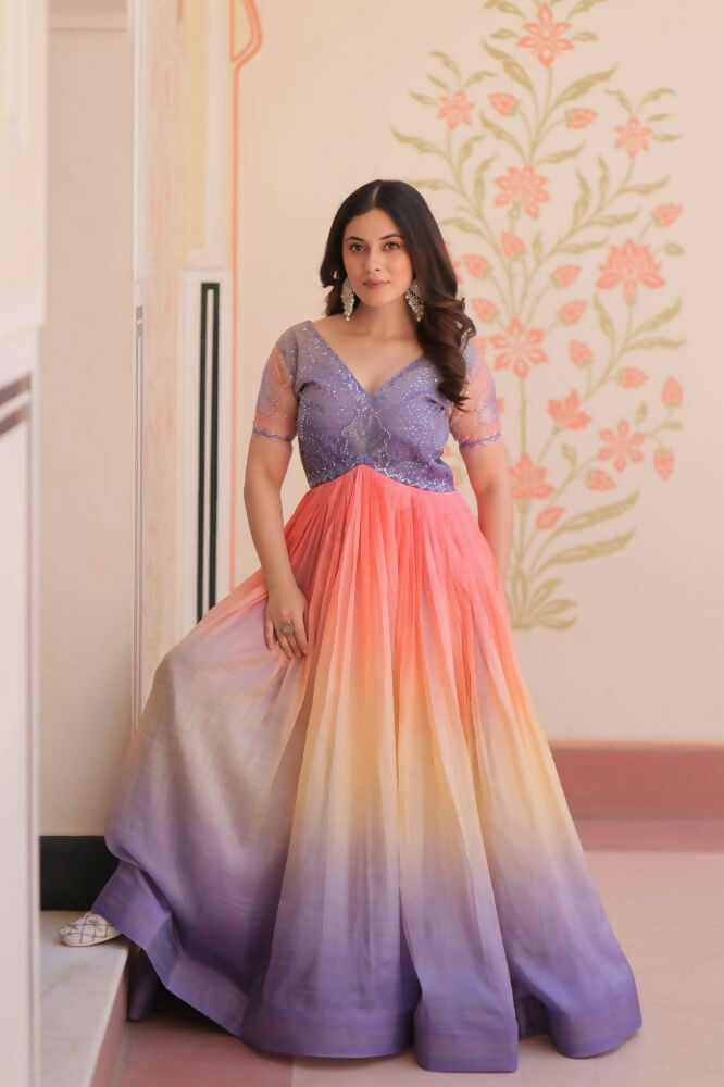 Vastranavya Purple Gold Crush Padding With Beads Embroidered Work Gown