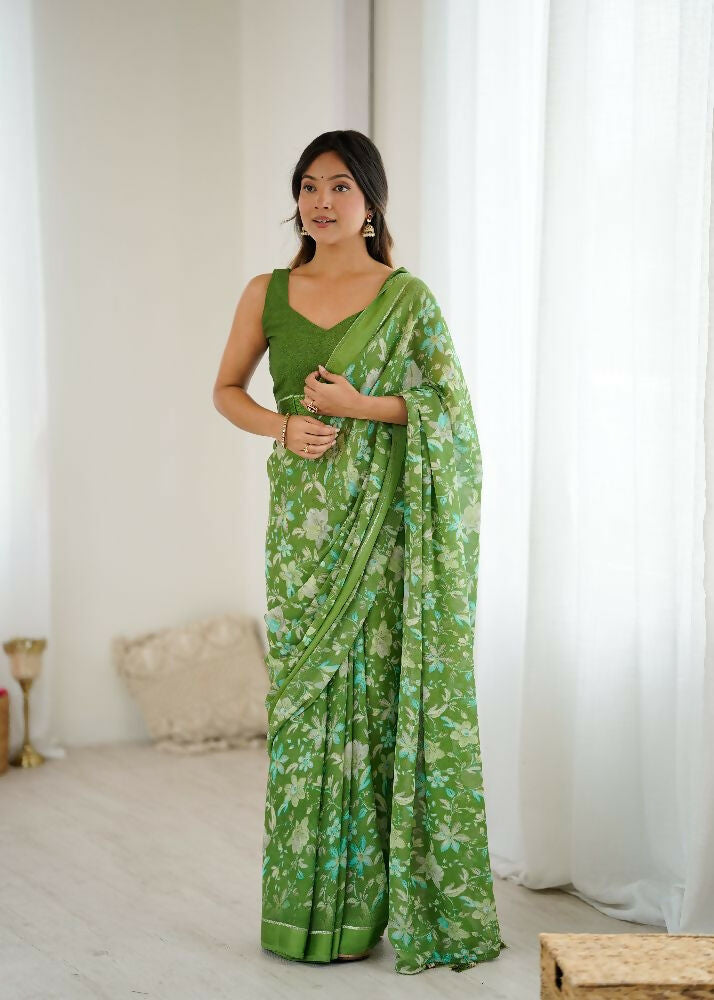 PR Fashion Green Bright Moss Satin Patta Printed Saree