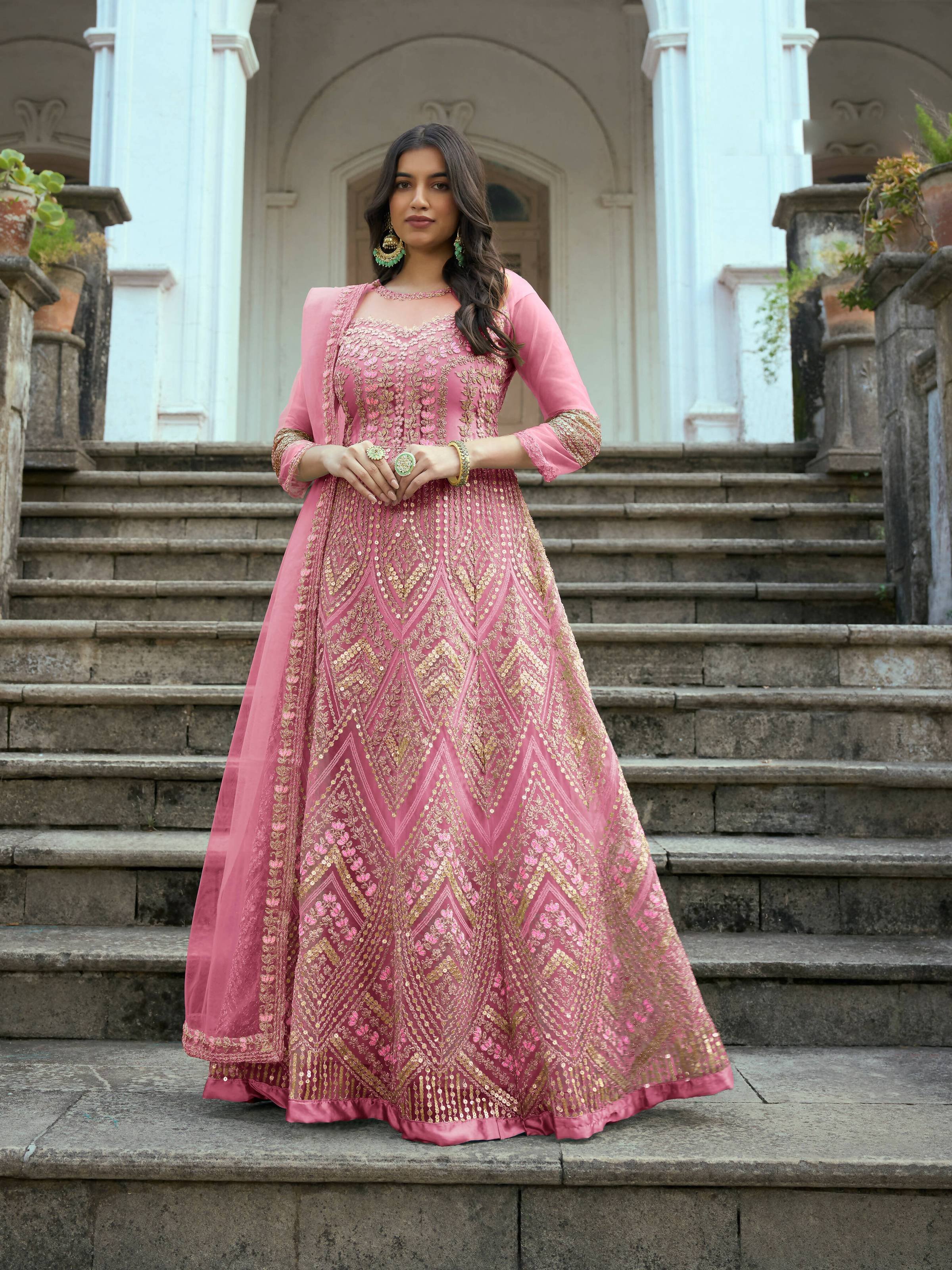 Pink Butterfly Net Anarkali Embroidered Kurta Set - Aadishri