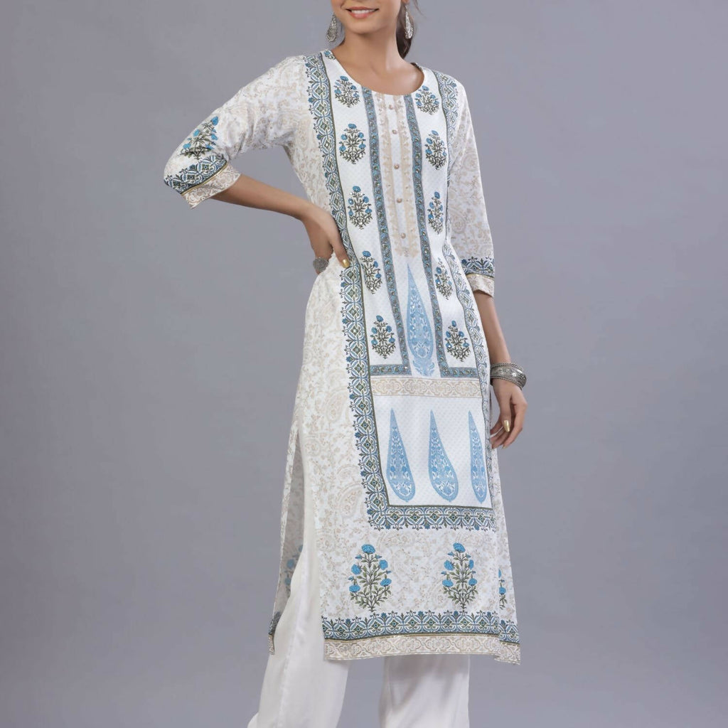 Juniper Women Blue Rayon Printed Kurta, Pants and Dupatta Set