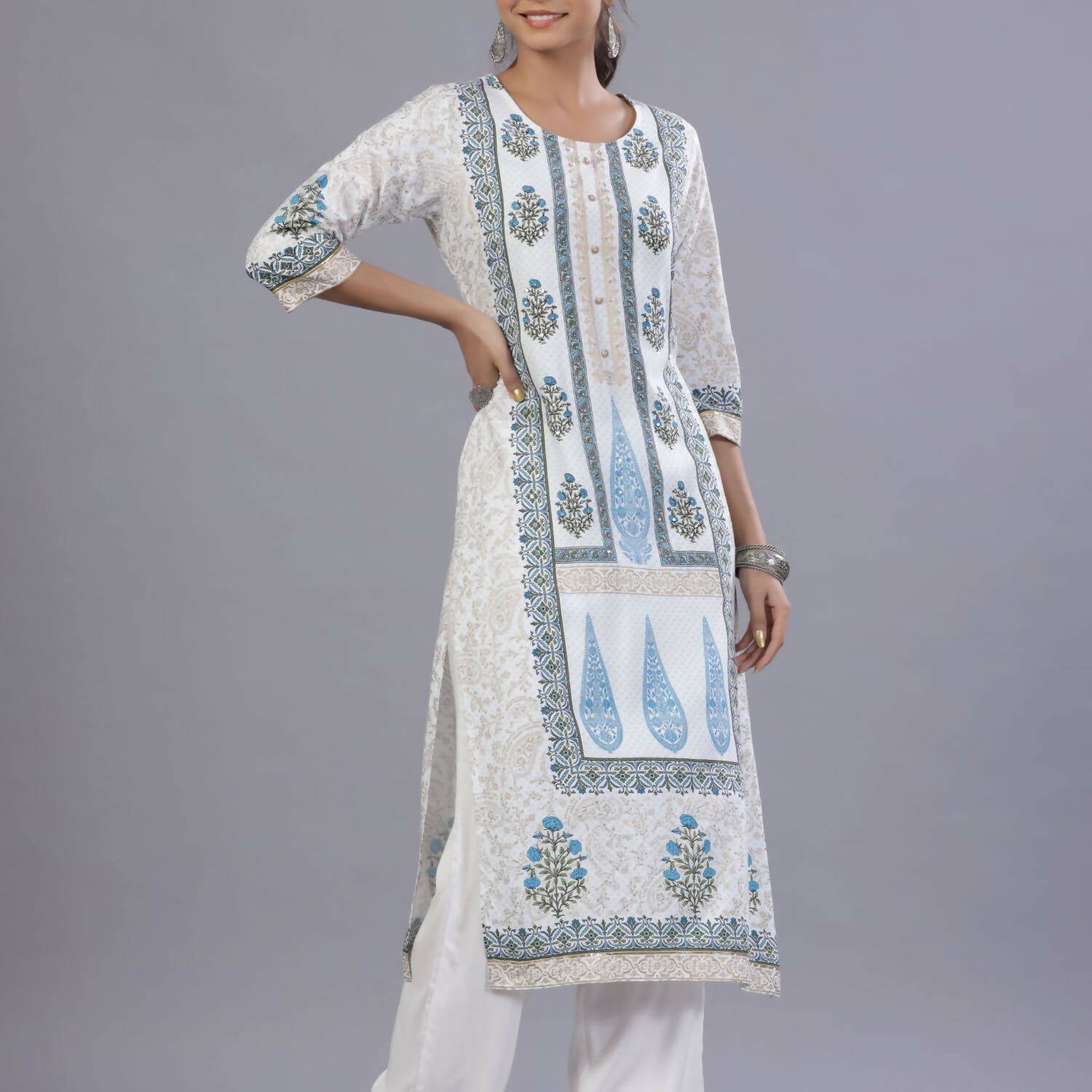 Juniper Women Blue Rayon Printed Kurta, Pants and Dupatta Set