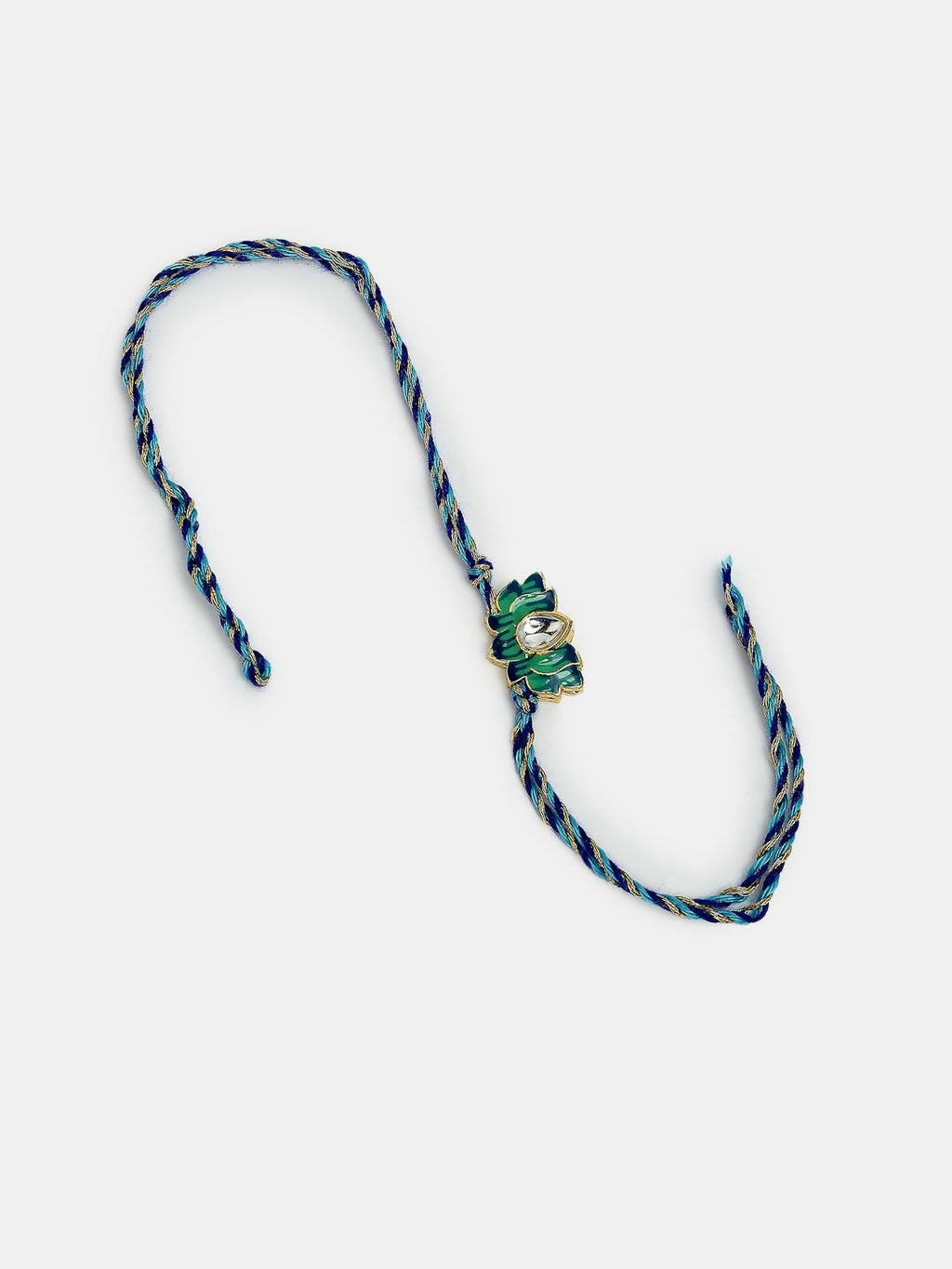 NVR Women & Men Set of 2 Turquoise Blue Lotus Shape Kundan-Studded & Beaded Rakhi Set With Roli Chawal & Chocolate