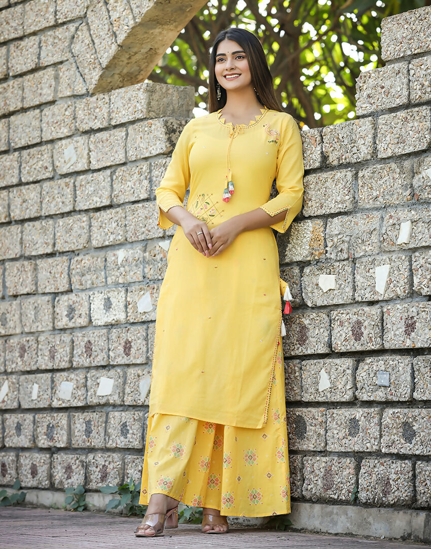 Kaajh Women's Yellow Embroidery Kurta Sharara Set
