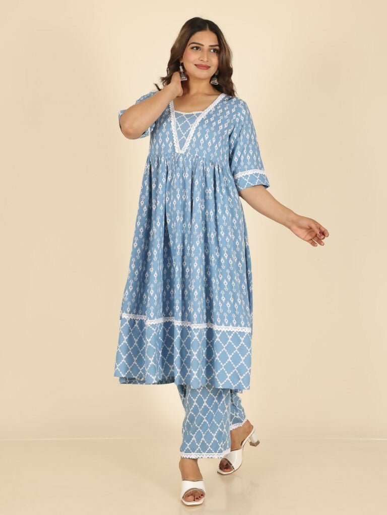 Aramya Blue Rayon Ikat Anarkali Kurta for Women