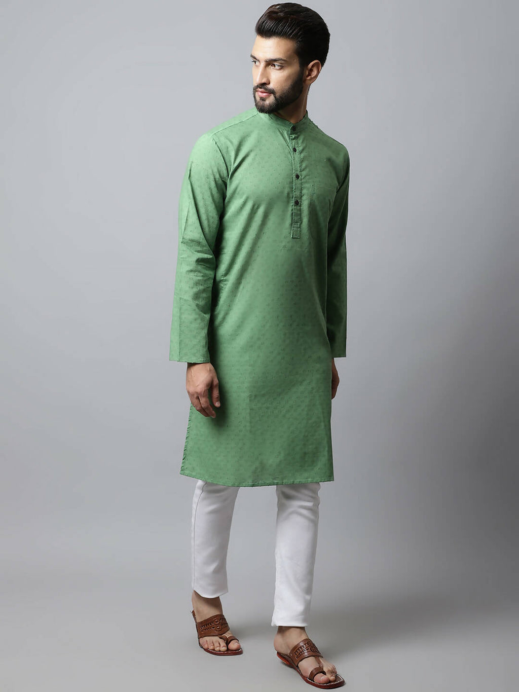 Even Apparels Green Color Pure Cotton Men's Kurta With Band Collar (SLD073)