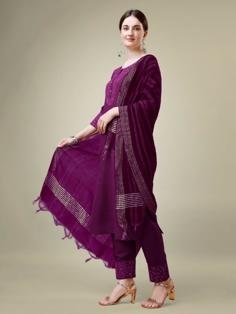 Jyoti Fashion Women's Purple Cotton Blend Embroidery & Sequence work Kurta with Trouser & Dupatta