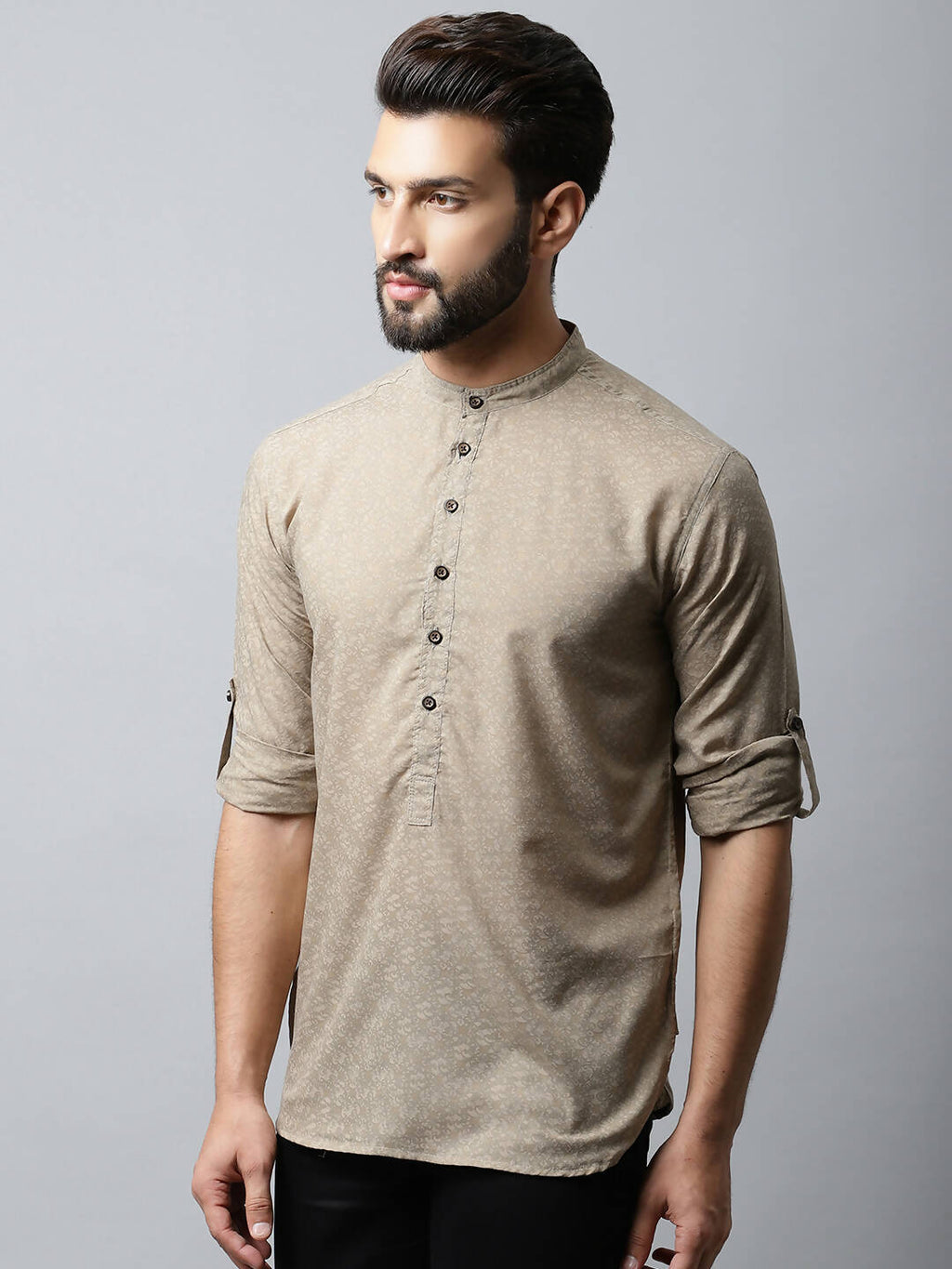 Even Apparels Beige Color Pure Cotton Men's Kurta With Band Collar (SLD072)