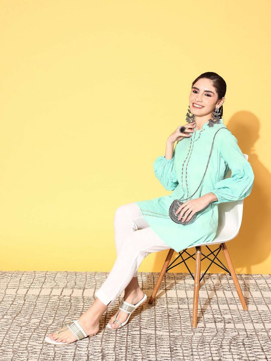 Ahalyaa Women Mint Green Pure Cotton Silver Print Tunic