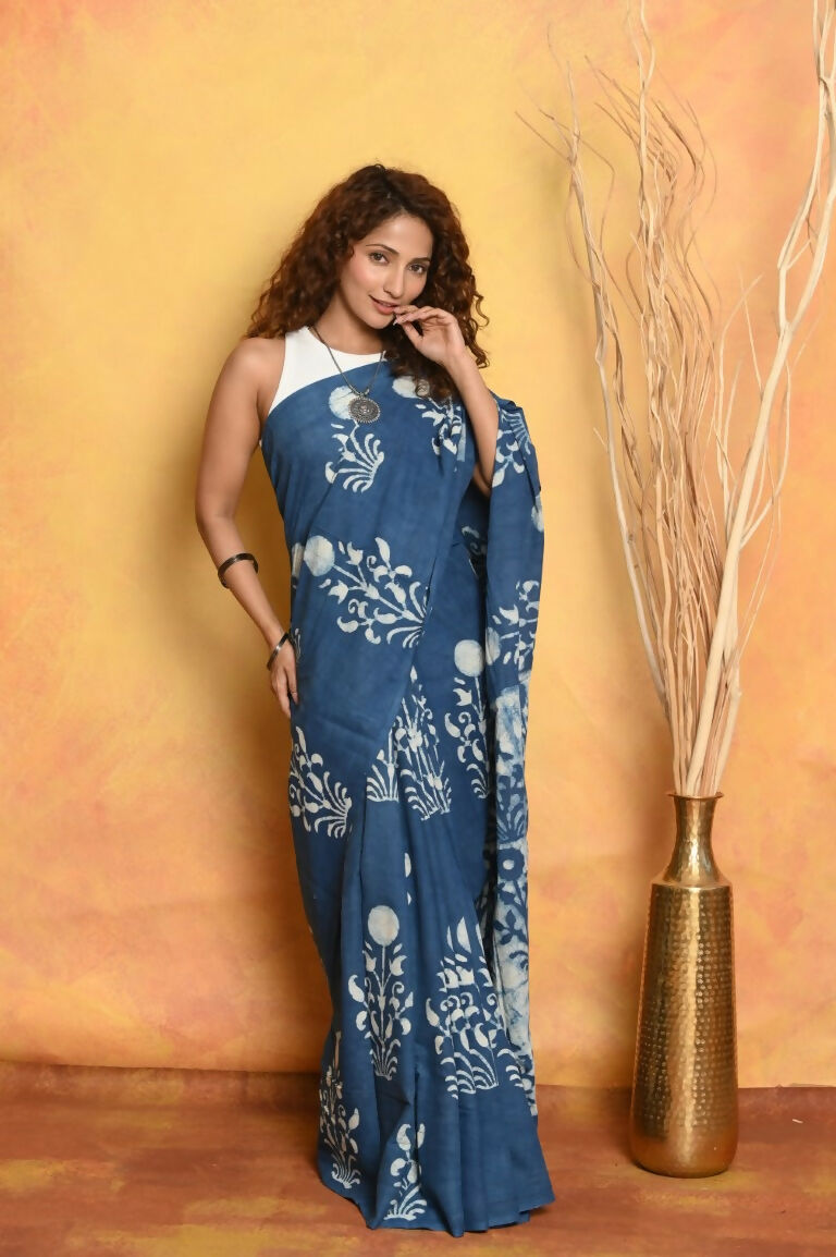 Very Much Indian Handblock Printed Cotton Saree With Natural Dyes - Cerulean Blue