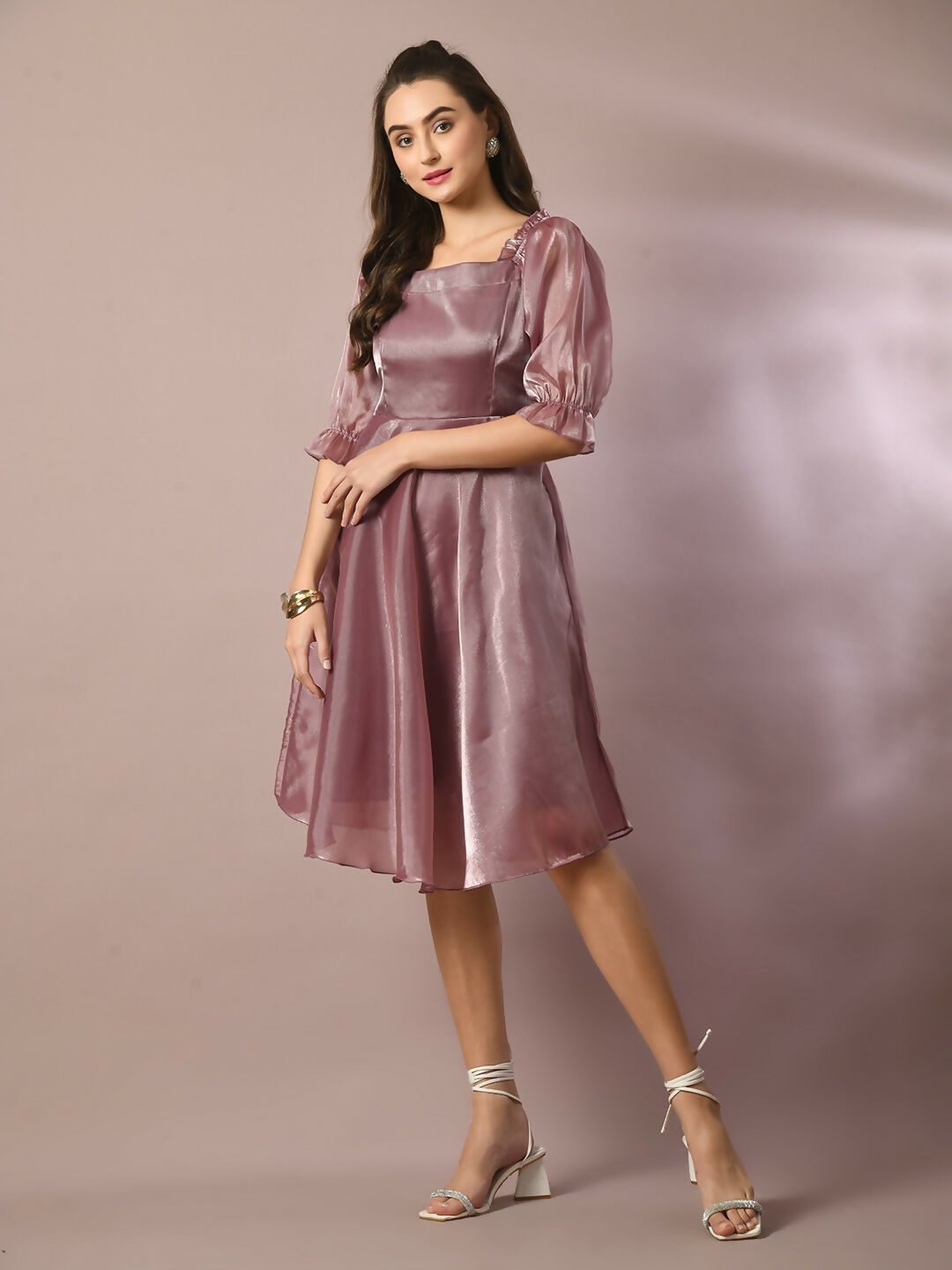 Myshka Women's Brown Solid Square Neck Fit and Flare Party Dress