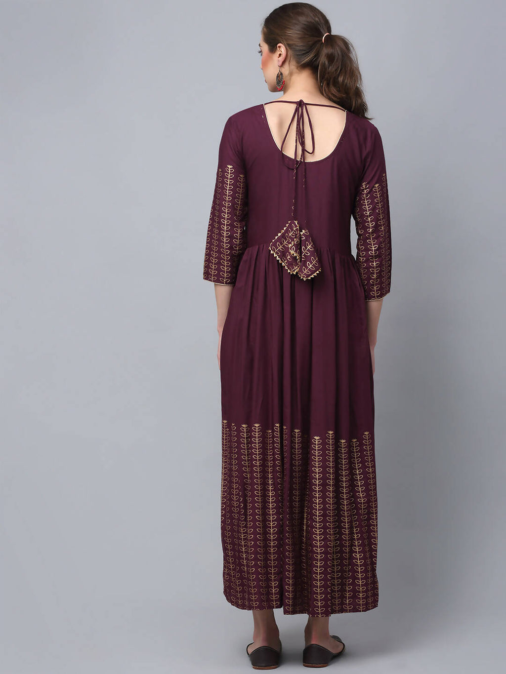 Rudra Bazaar Gold Printed A-Line Flared Brown Kurti
