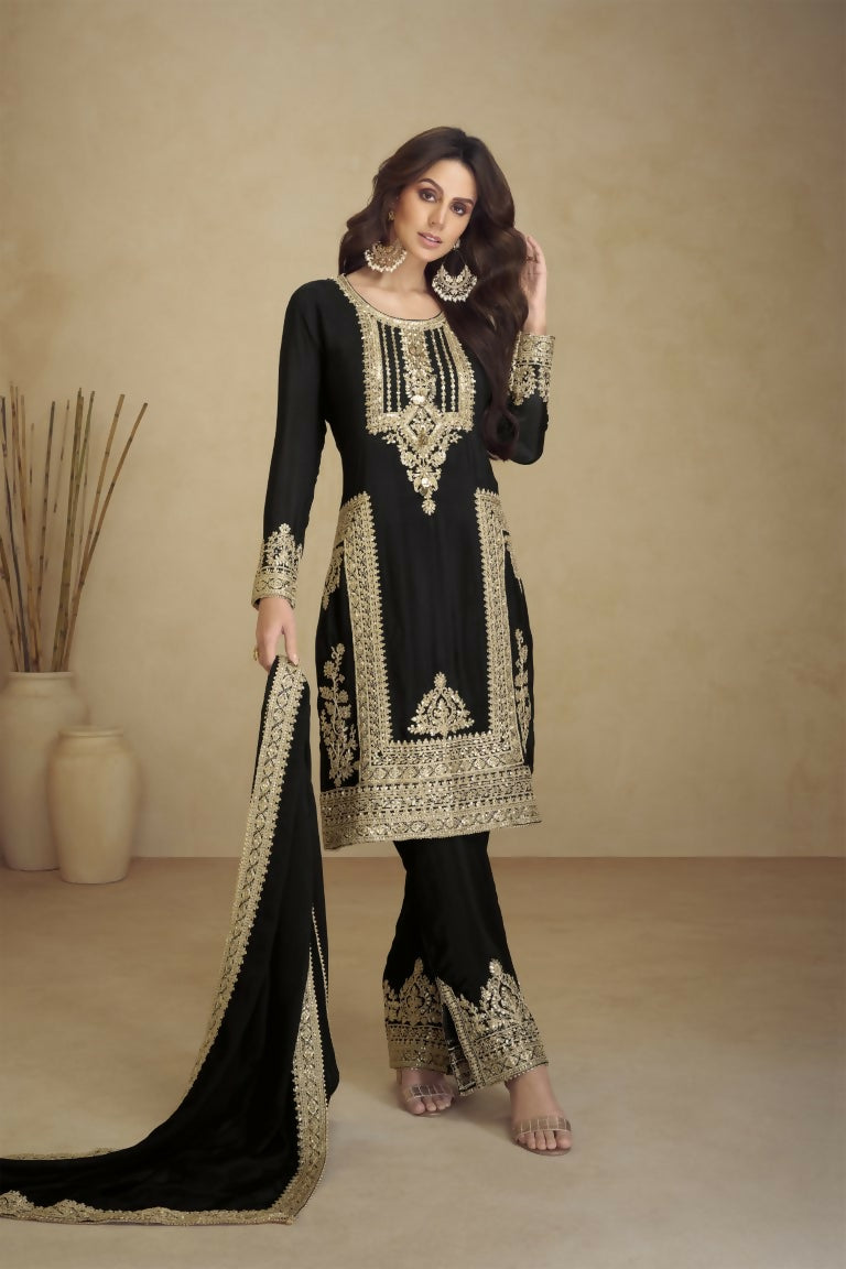 Vastranavya Gorgeous Black Faux Georgette with Embroidery 3mm Sequence & Coding Work Pakistani Straight Pant Suit