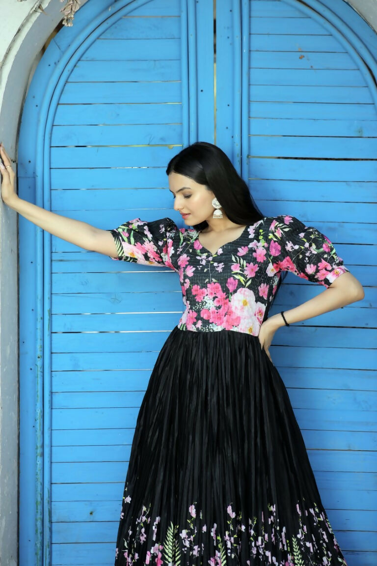 Jyoti Fashion Women's Black Floral Digital Printed Chinon Anarkali Dress