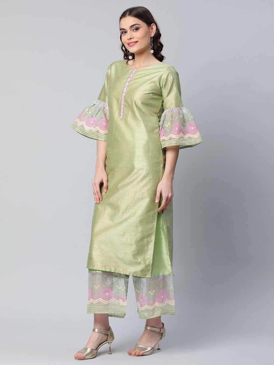 Ahalyaa Women's Light Green Poly Silk Gold Printed Kurta Palazzo Set