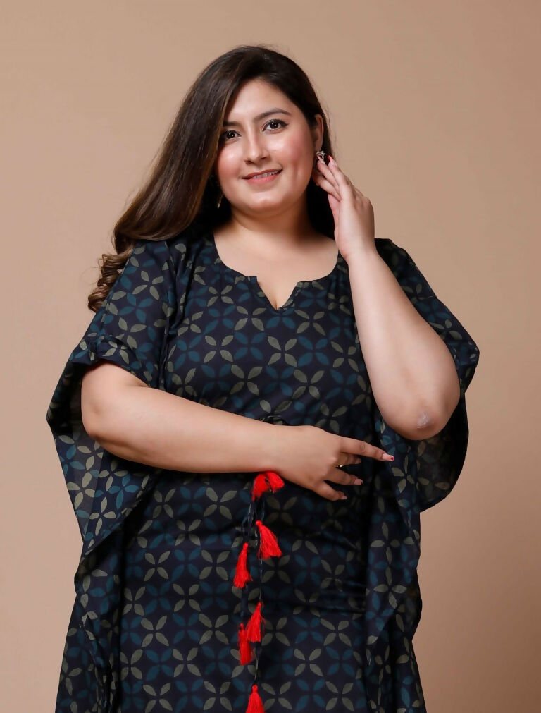 Miravan Women's Plus Size Navy Blue Printed Flared Sleeves Kaftan