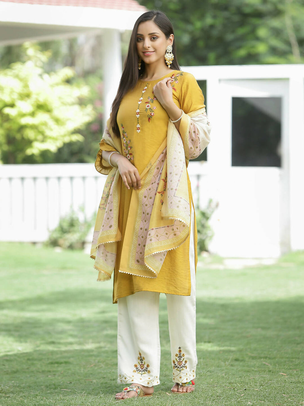 Juniper Mustard Mono Viscose Festive Wear Embroidered Straight Kurta Palazzo Dupatta Set