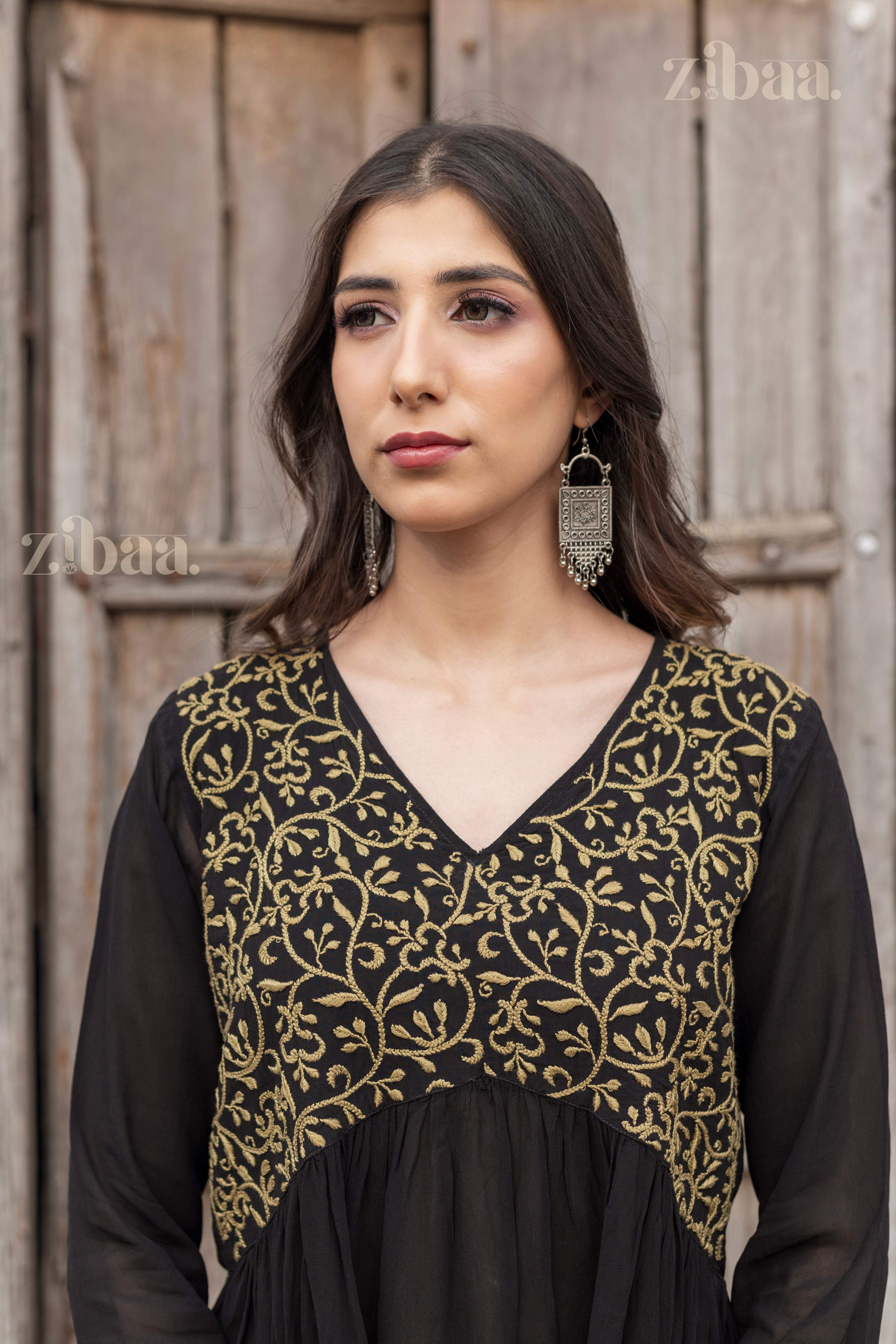 Zibaa Black Georgette Nyra Cut Chikankari Kurti