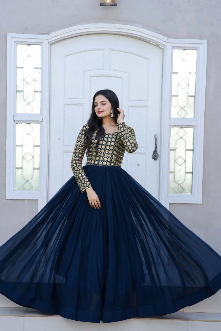 Jyoti Fashion Women's Navy Blue Sequence Zari Embroidered Faux Blooming Anarkali Dress