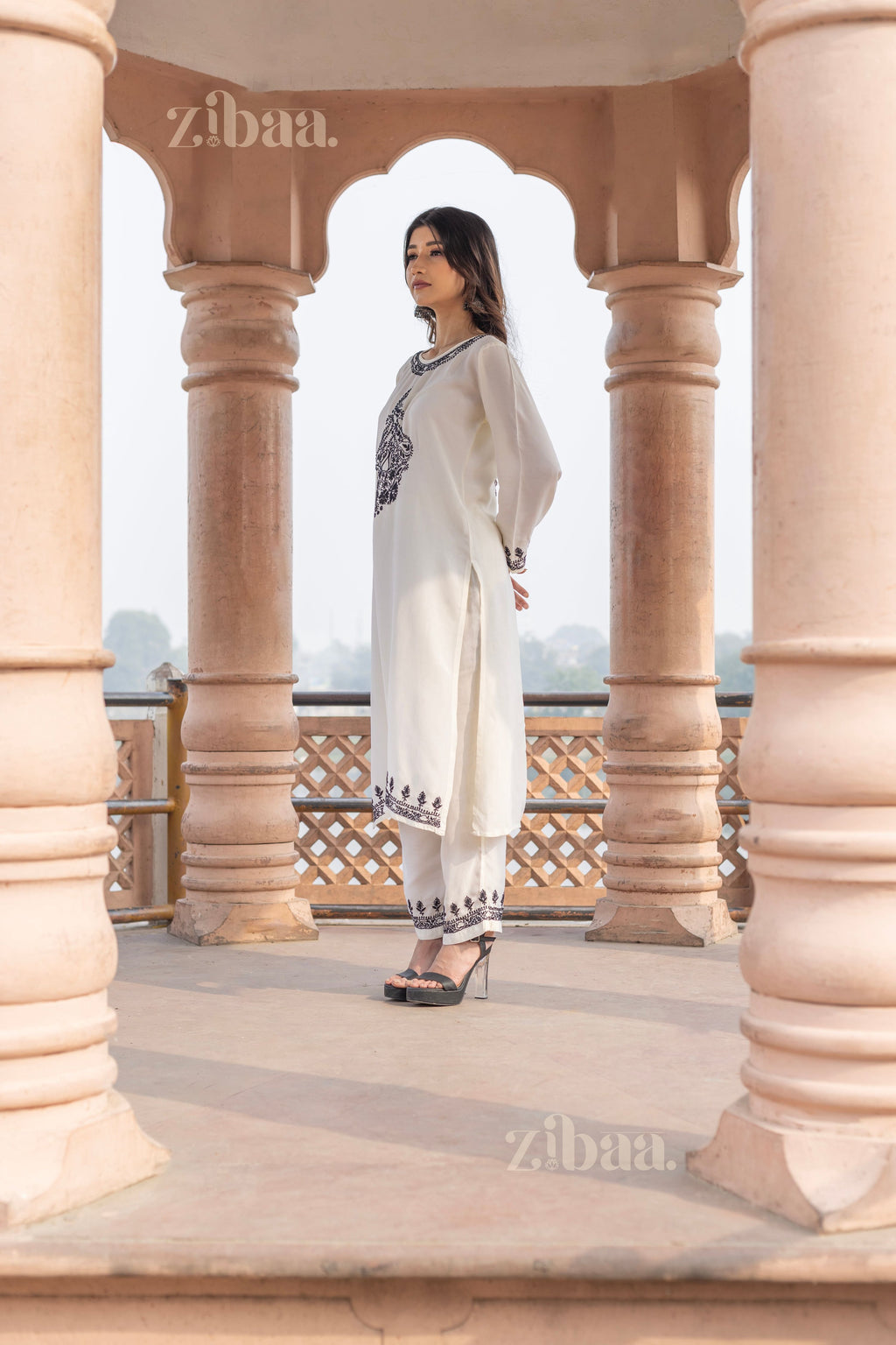 Zibaa Muslin Black & White Chikankari Co-ord Set