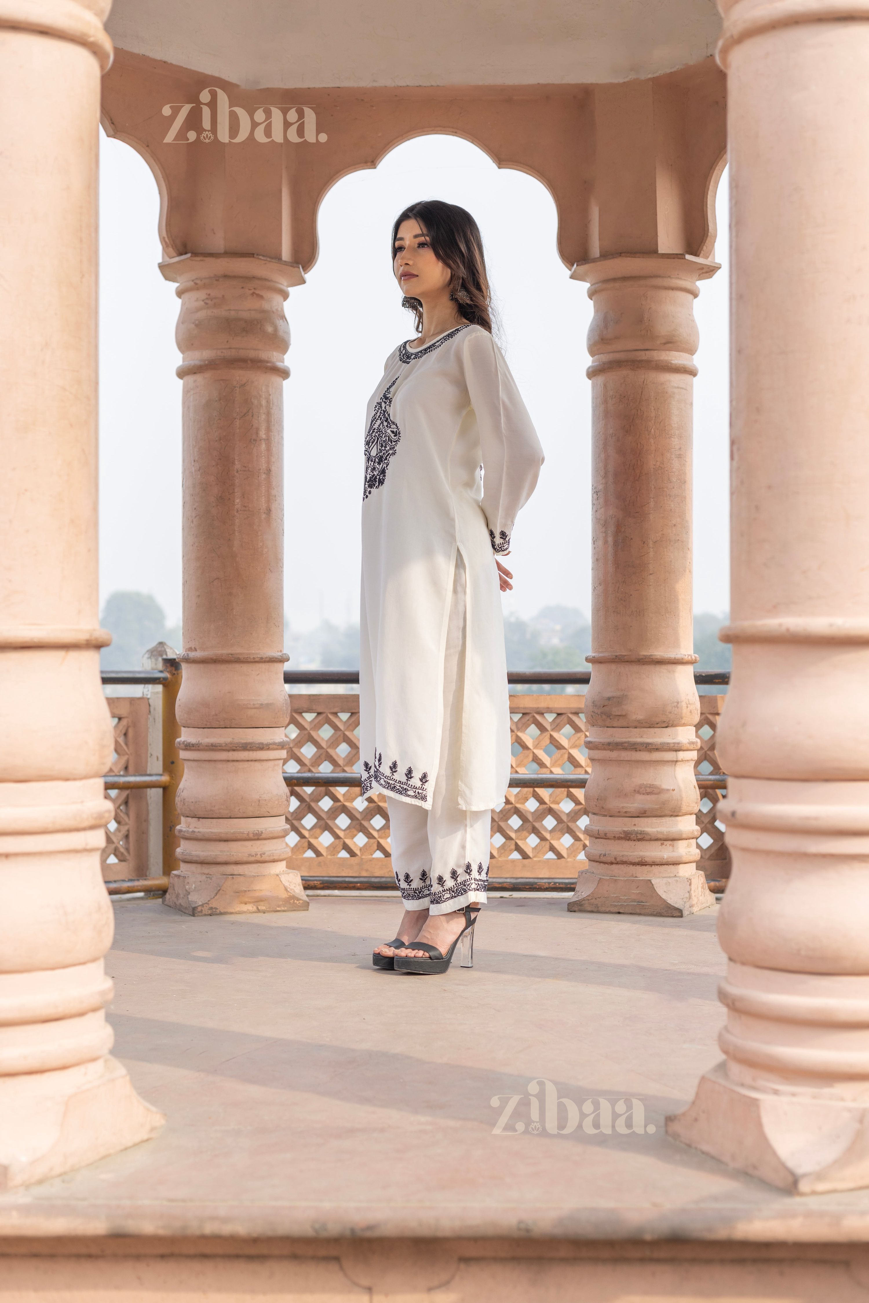 Zibaa Muslin Black & White Chikankari Co-ord Set