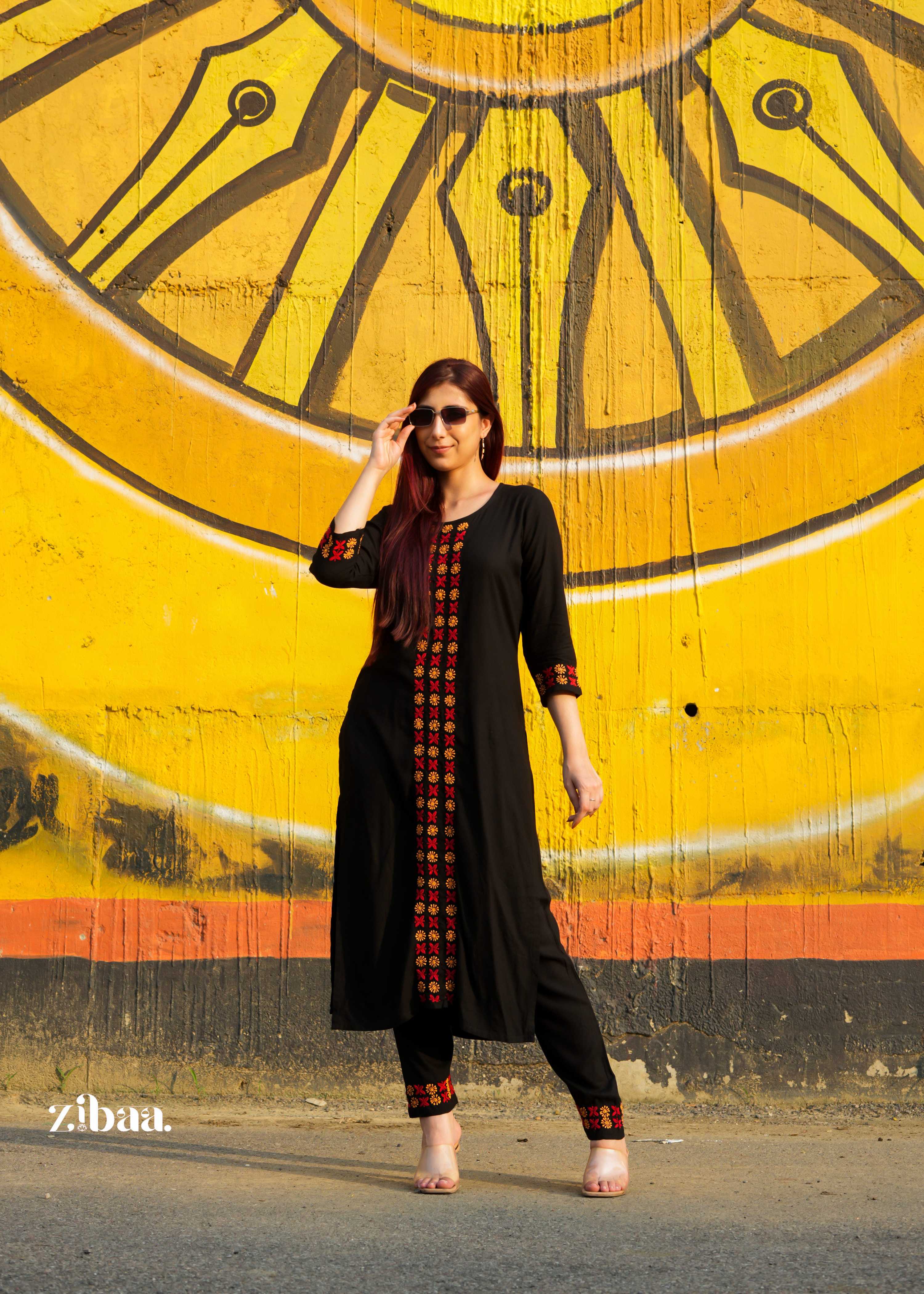 Zibaa Luxury Rayon Black Chikankari Kurta Set