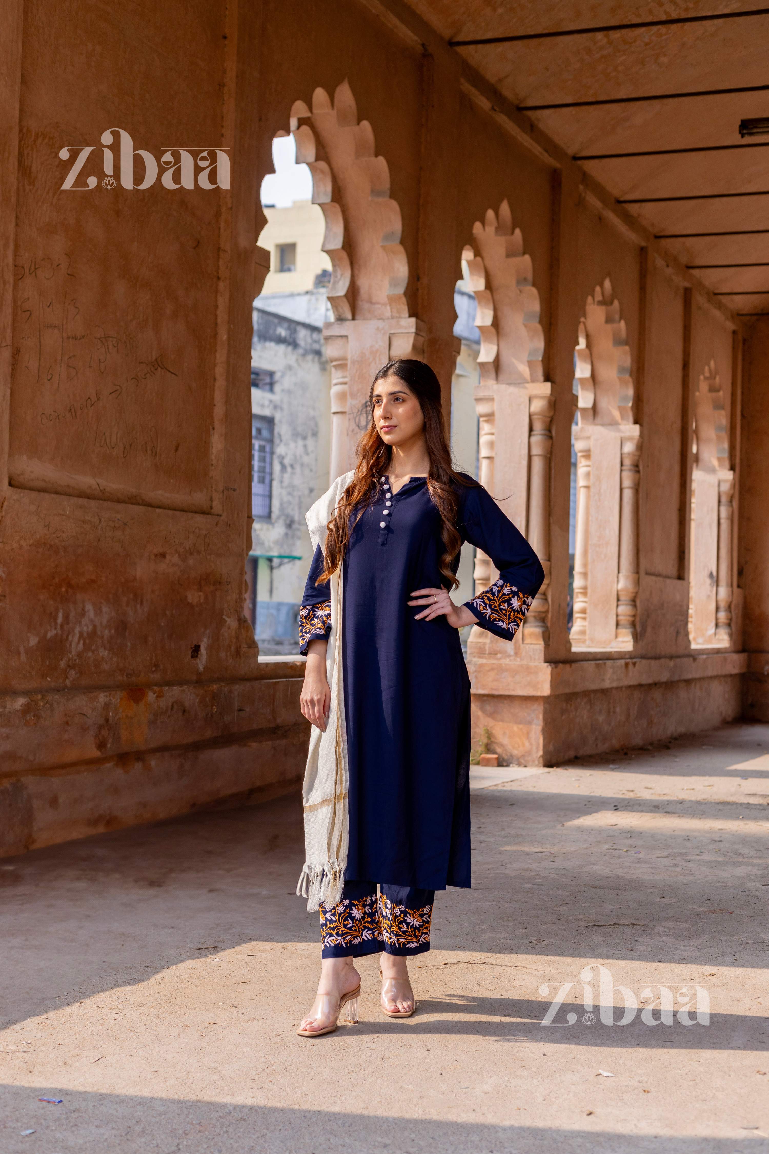 Zibaa Luxury Rayon Blue Chikankari Kurta Set with Kota Dupatta