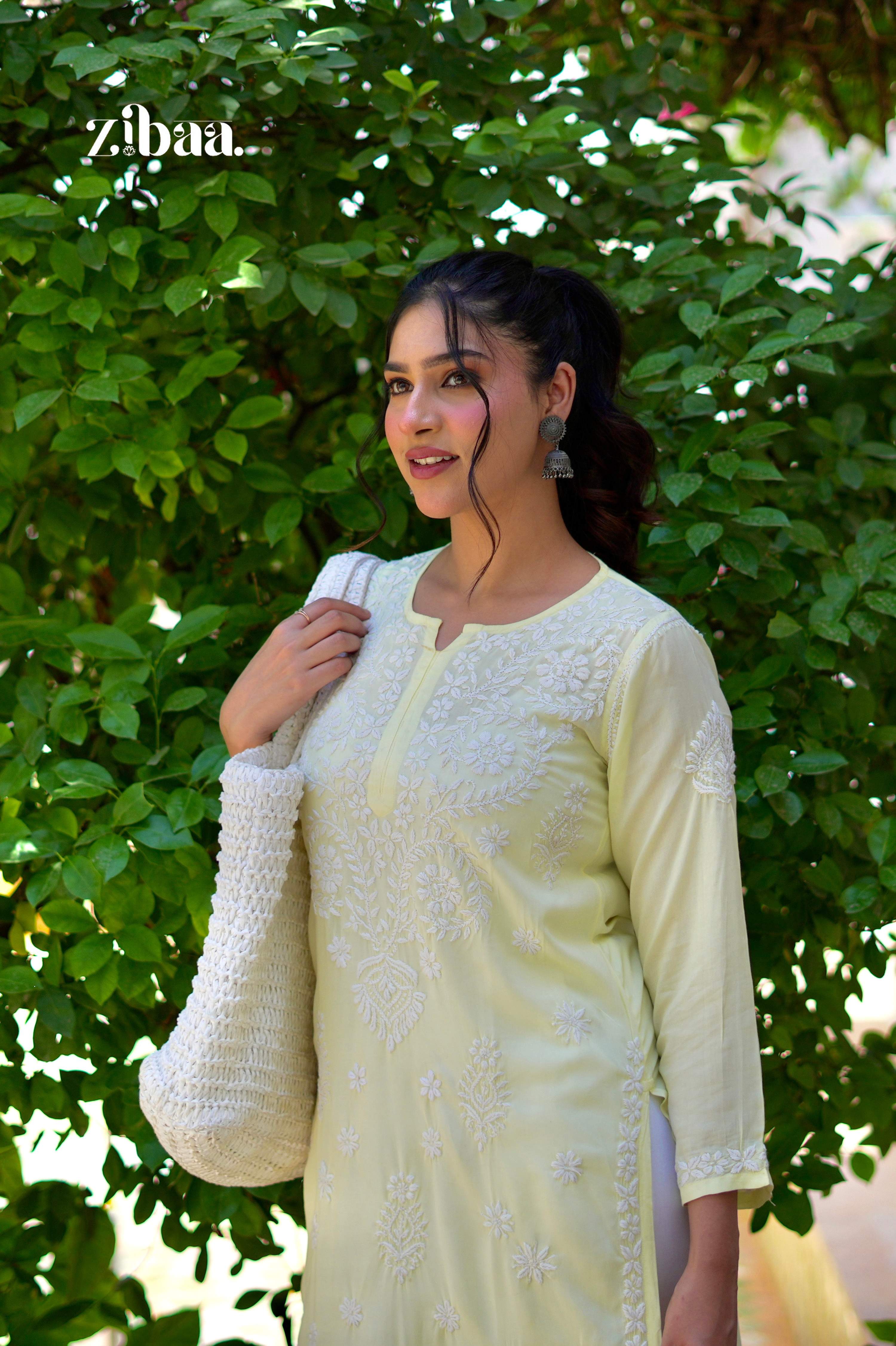 Zibaa Modal Butter Yellow Chikankari Kurta