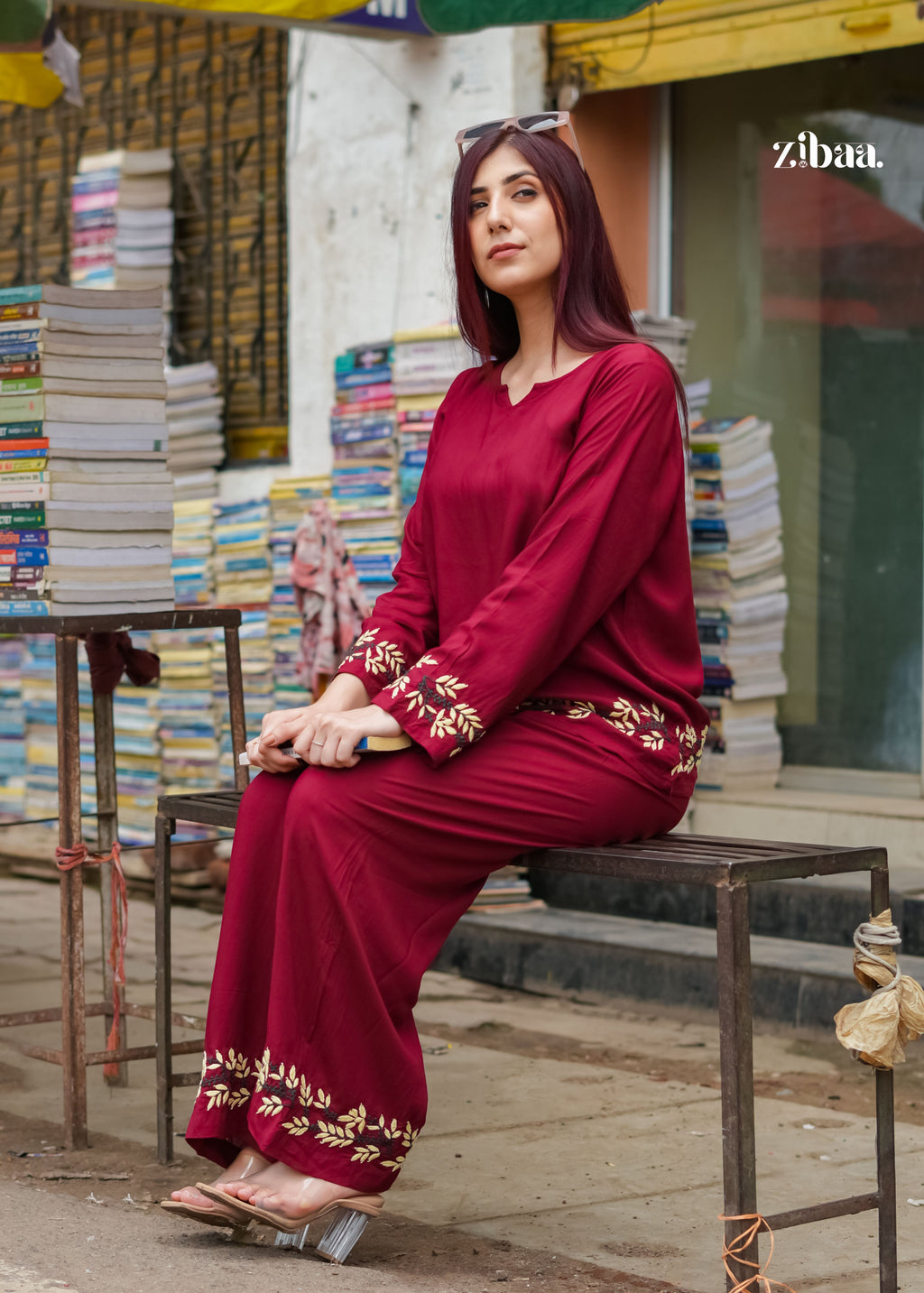 Zibaa Deep Burgundy Luxury Rayon Chikankari Coord Set