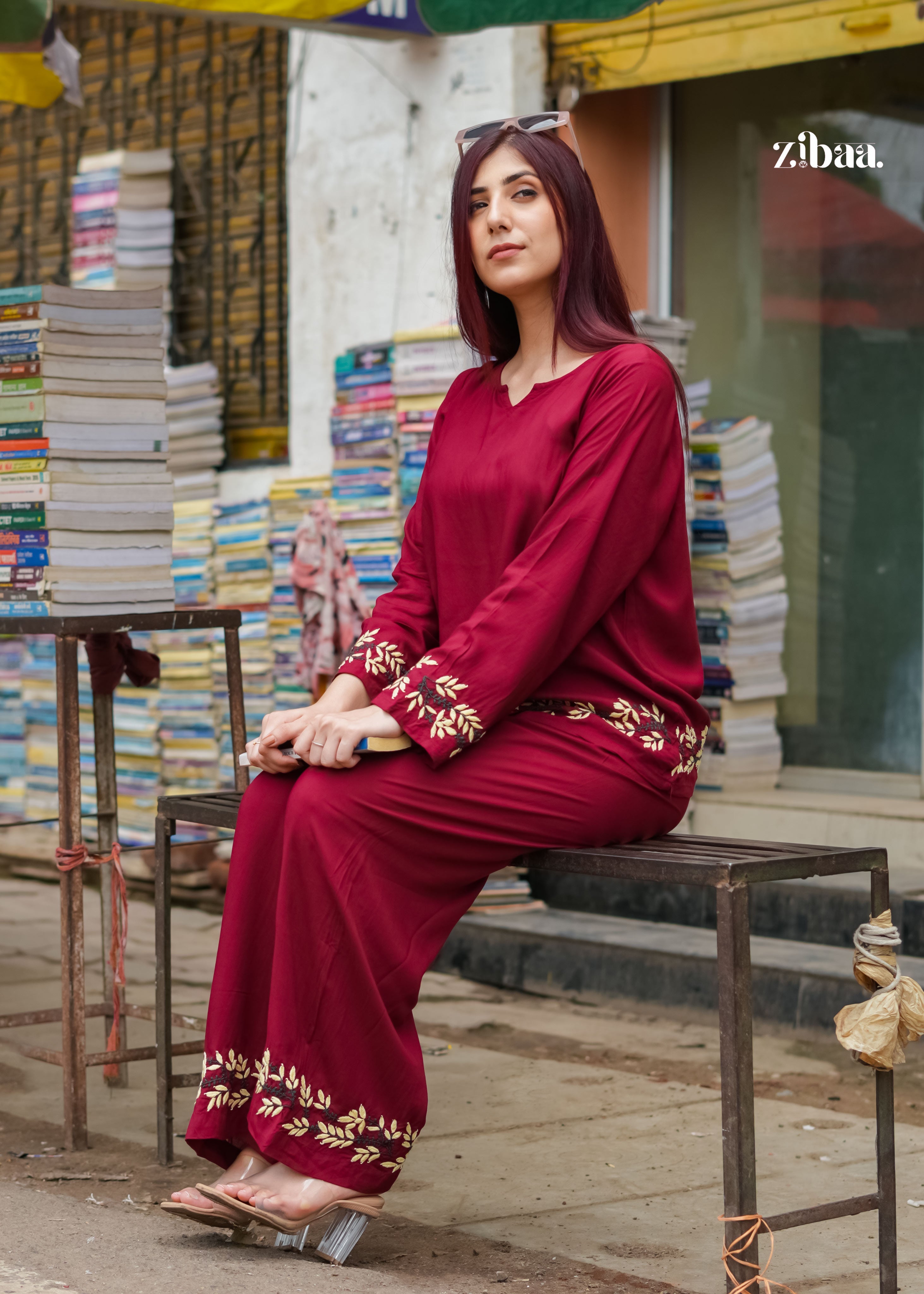 Zibaa Deep Burgundy Luxury Rayon Chikankari Coord Set