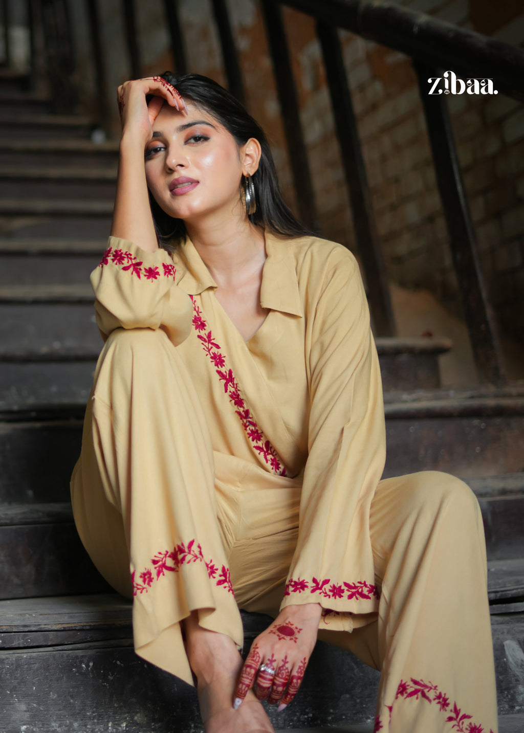 Zibaa Beige Rayon Chikankari Co-ord Set