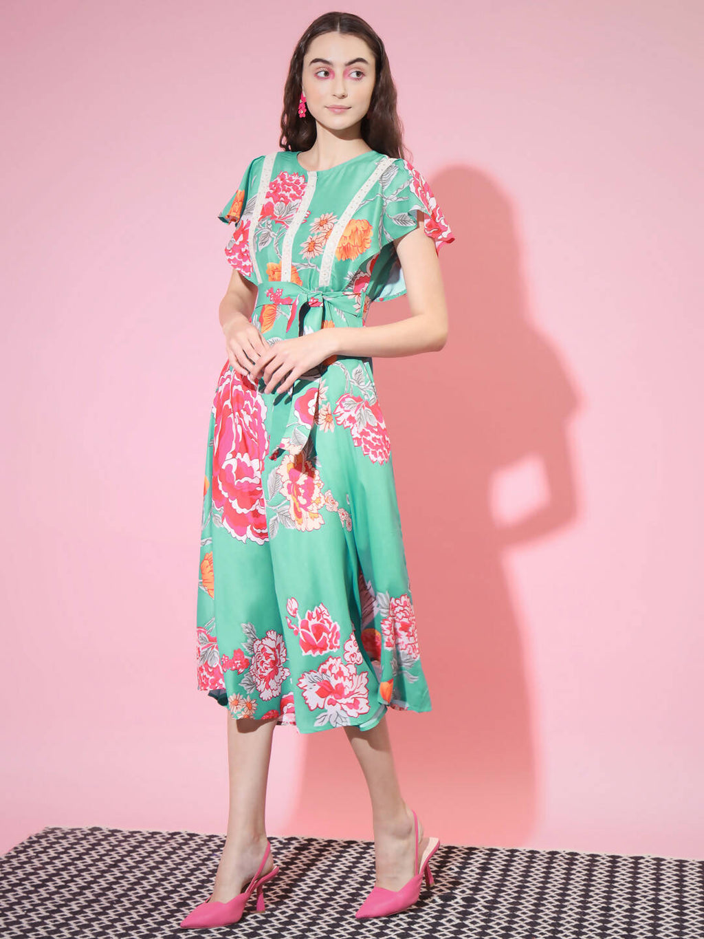 Myshka Women's Green Floral Printed Empire Dress