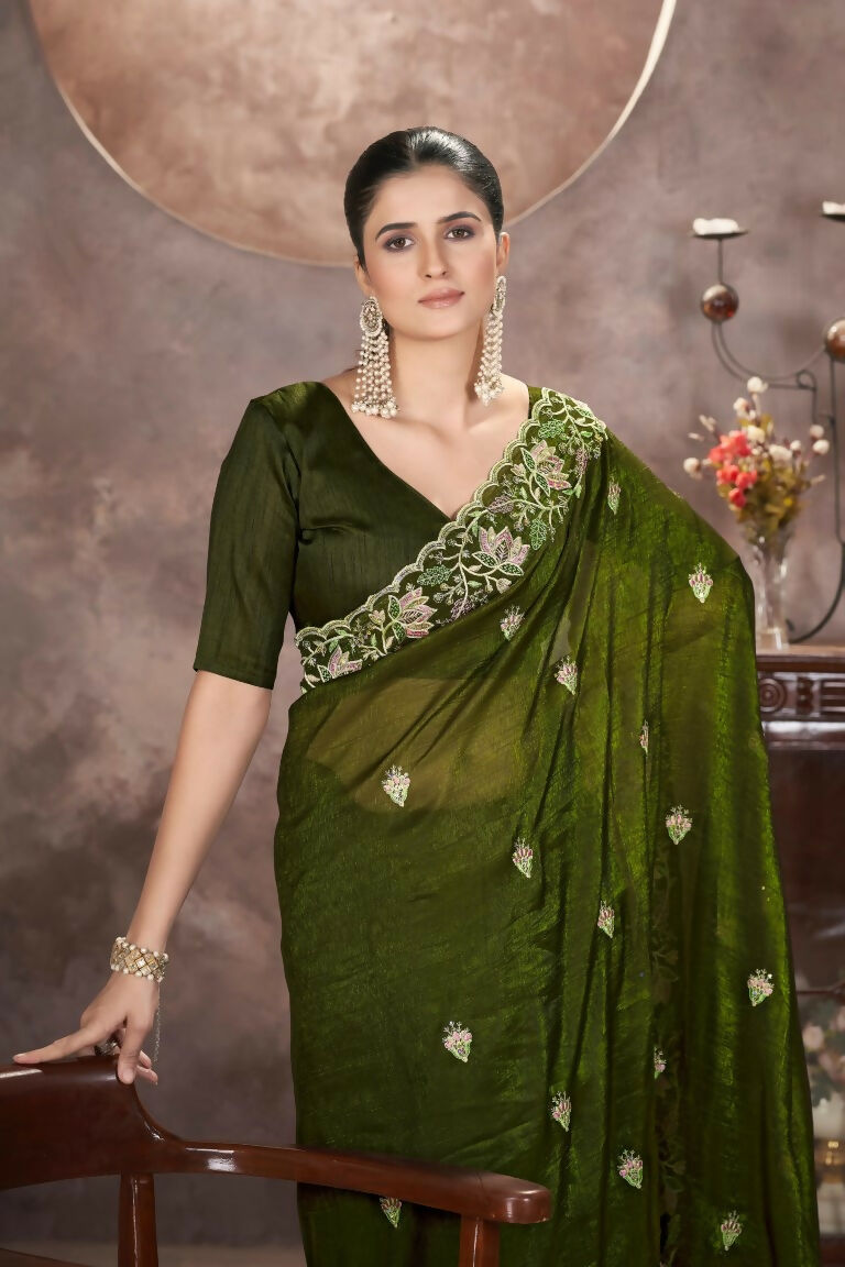 Vastranavya Gold Crunchy Multi Colour Threads Embroidery Work with Sequins Work Saree with Blouse material - Mehendi