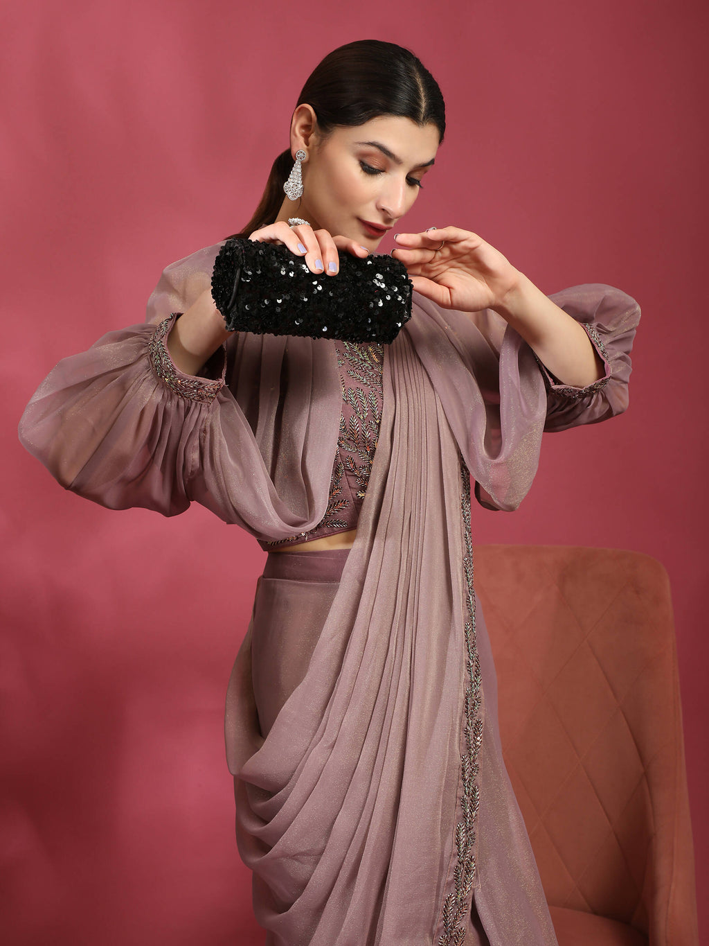 Purple Fancy Pure Fabric Plain Ready to wear Saree with stitched Blouse - Vrinda