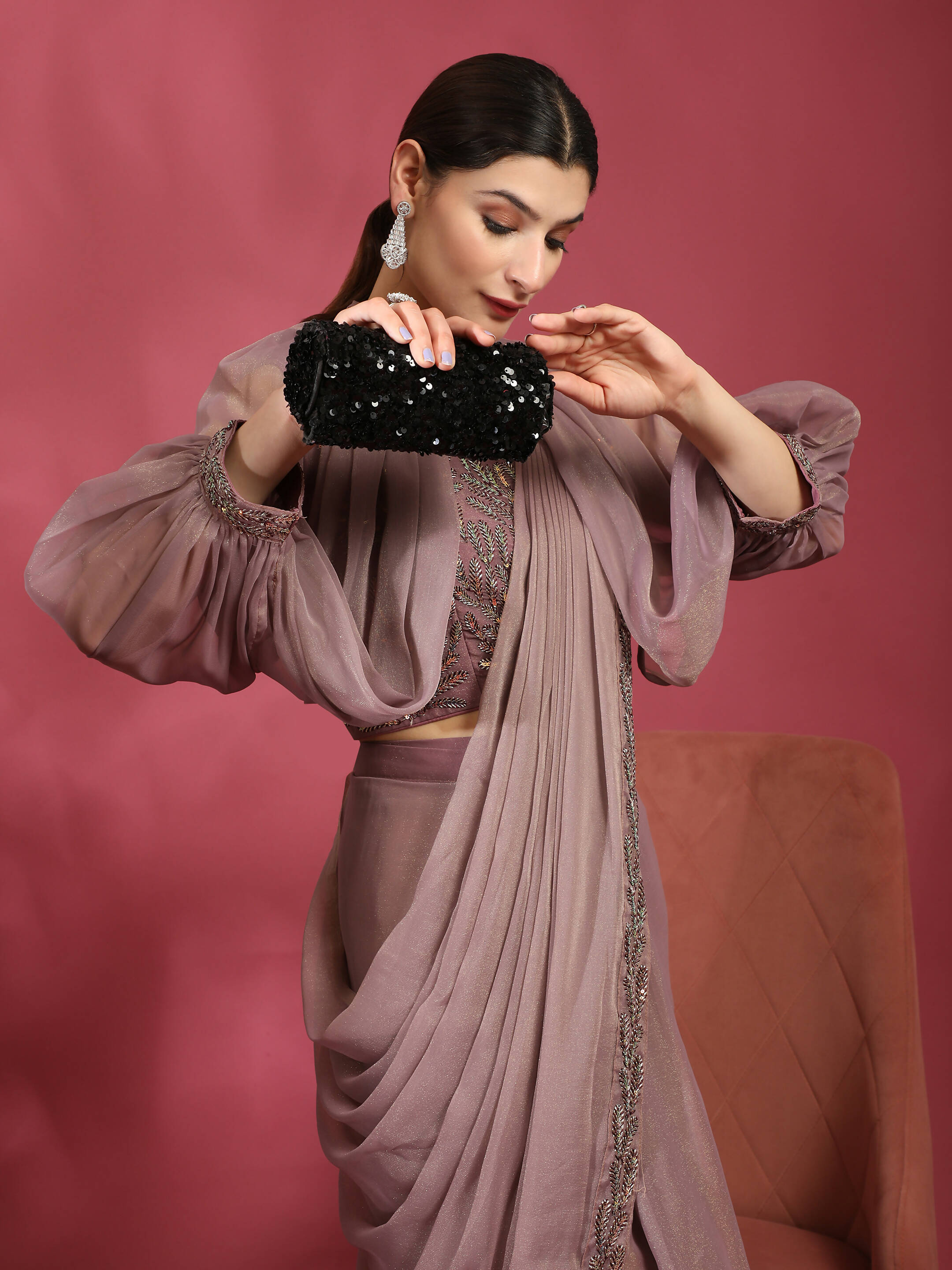 Purple Fancy Pure Fabric Plain Ready to wear Saree with stitched Blouse - Vrinda