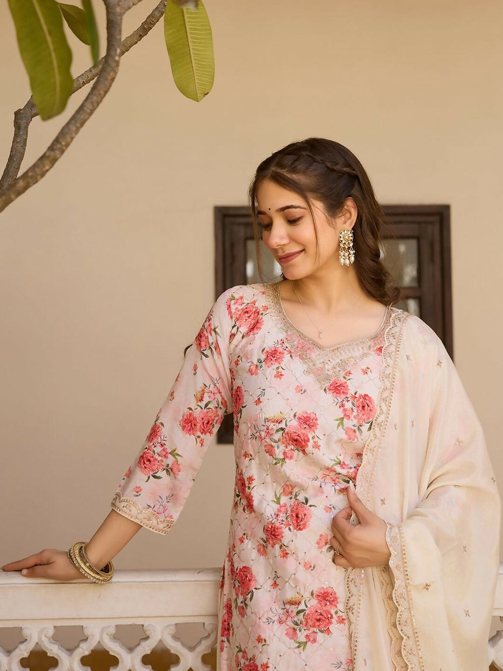 The52 White Women's Gorgeous Embroidered Chinon Fabric Straight Kurta Palazzo and Dupatta Set