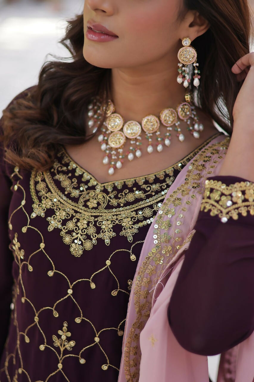 Vastranavya Faux Blooming with Sequins Embroidered Kurti, Palazzo & Dupatta - Maroon