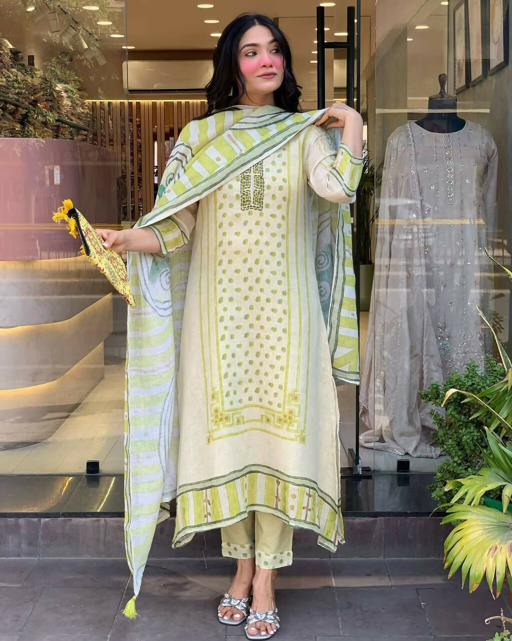 The52 Multi Women's Gorgeous Linen Silk Fabric Embroidered Work Straight Kurta Pant and Dupatta Set